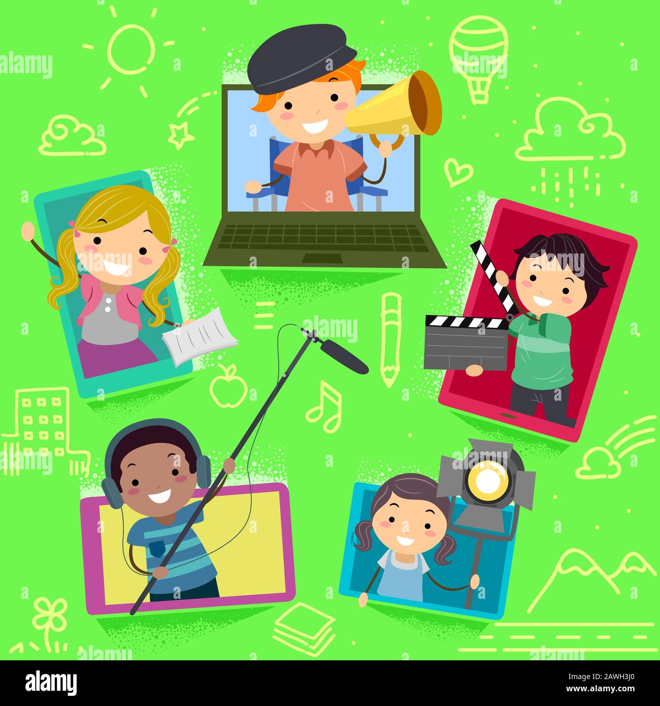 Illustrazione Di Stickman Kids Making Movie Con Clapper, Mic, Lights, Script E Director Megaphone Utilizzando Cellulare, Laptop E Tablet Foto Stock
