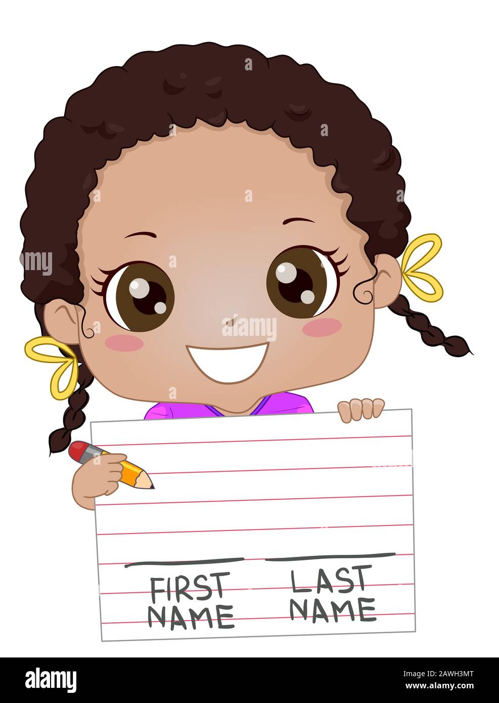 Illustrazione di una ragazza afroamericana del capretto che tiene una carta della scuola e matita Che Indicano lo spazio per Il Nome e il cognome Foto Stock