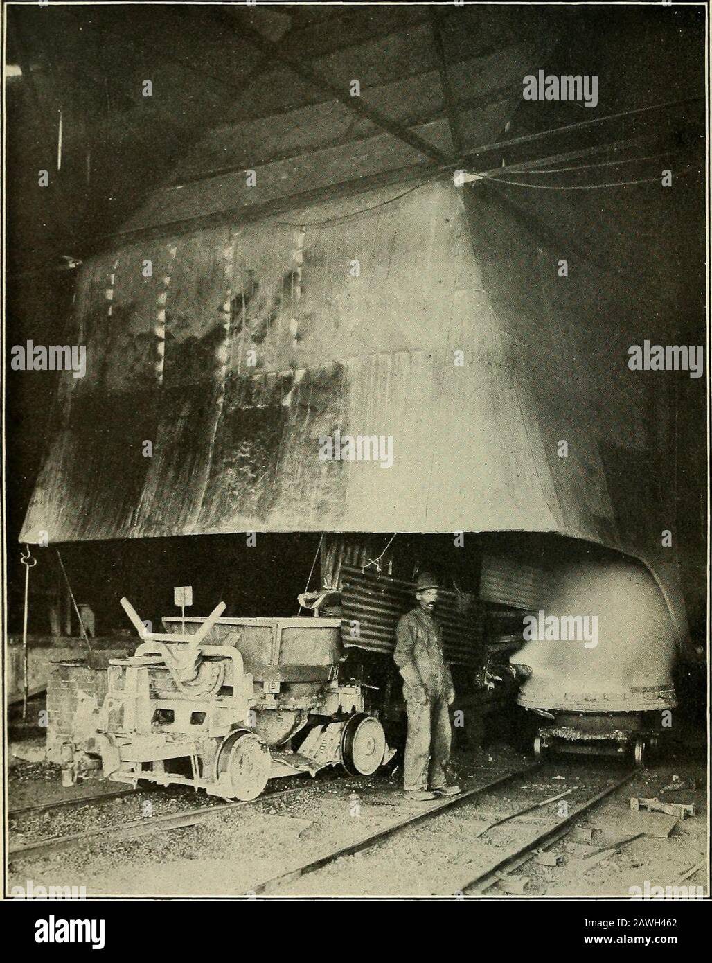 Avvelenamento da piombo nella fusione e raffinazione del piombo. PIASTRA 8.-PAVIMENTO DI SPILLAGGIO DI UN ALTOFORNO NELLO STABILIMENTO DI FUSIONE E RAFFINAZIONE AMERICANO CO.S DI MURRAY, UTAH. La disposizione Nello stabilimento di Midvale è esattamente la stessa. La scoria si sta riversando nella parte anteriore che trabocca nel vaso di scoria di fronte. La giornata è tranquilla, non ci sono fumi che sfuggono. Tuttavia, non è sempre così. Quando il vento soffia verso il forno, il pavimento di spillatura visto nell'angolo sinistro può essere ispessimento con fumi. Il lato dell'edificio che si affaccia su questi mobili sono tutti aperti. Bollettino N. 141 - Manodopera. PIASTRA 9. - TAPPI OPACO Foto Stock