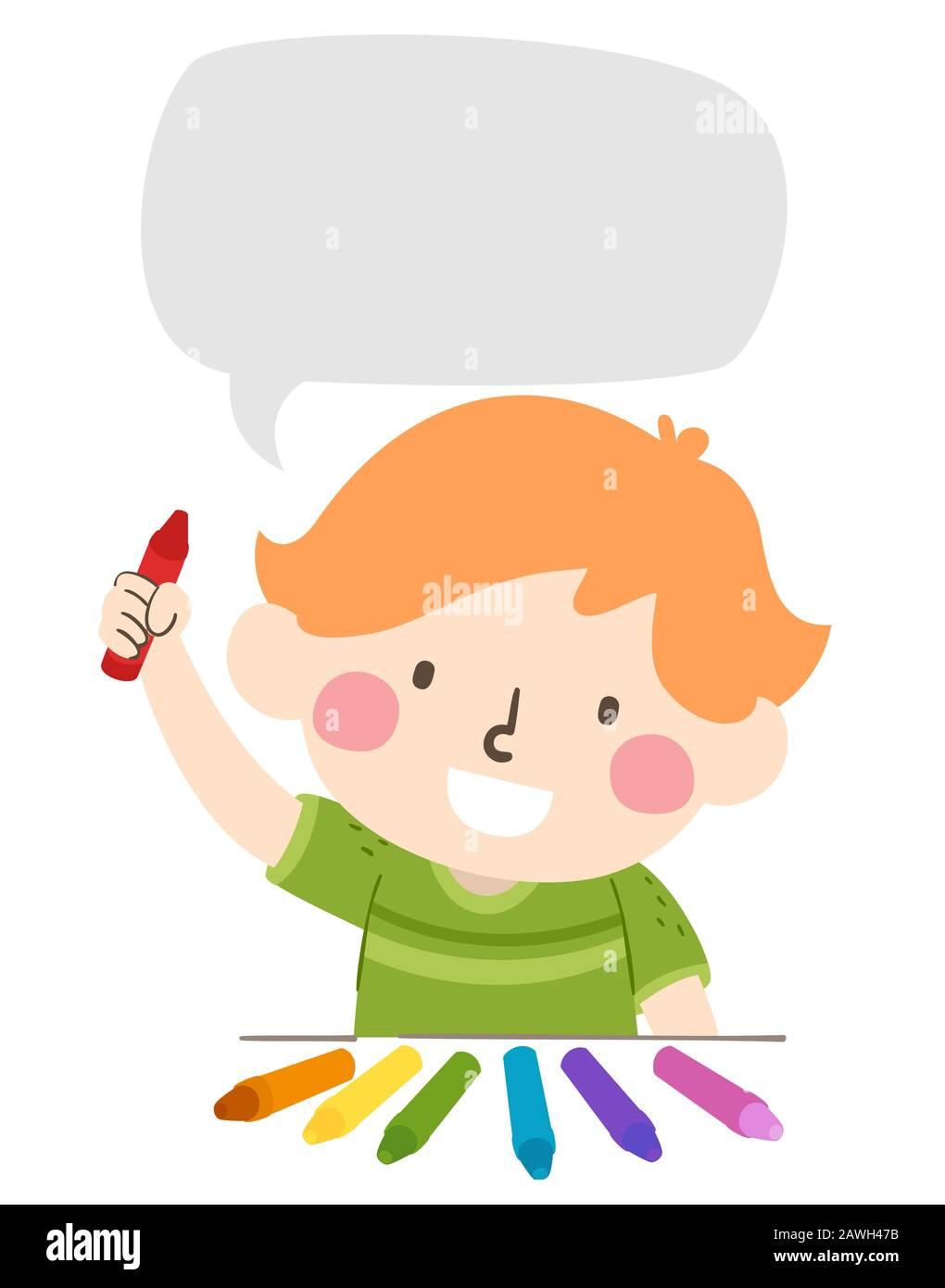 Illustrazione di un Kid Boy che tiene un Crayon Identificazione Dei Colori con una bolla di voce Vuota Foto Stock