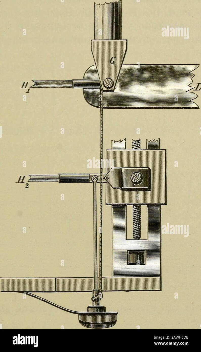 Die Untersuchung des Pulses und ihre Ergebnisse in gesunden und kranken Zuständen . abgewickelt wird, muss auchder Sphygmograph in Bewegung gerathen. Nach kurzer Uebunglernt man mit der Hand sehr gleichmässige Schwingungen aus-führen und dieselben ohne wesentliche Aenderung der Formin ihrer Amplitude wechseln lassen. führt man den Vertali aus, erhält man 2 Curven über-einander, wie in Fig. 8, WO die obere Curye von der Hand, die untere vom Sphygmographen gezeichnet ist. Die Curven,welche wie alle folgenden der Deutlichkeit halber vergrössertsind, entstammen einer langen Reihe von gleicher Fo Foto Stock