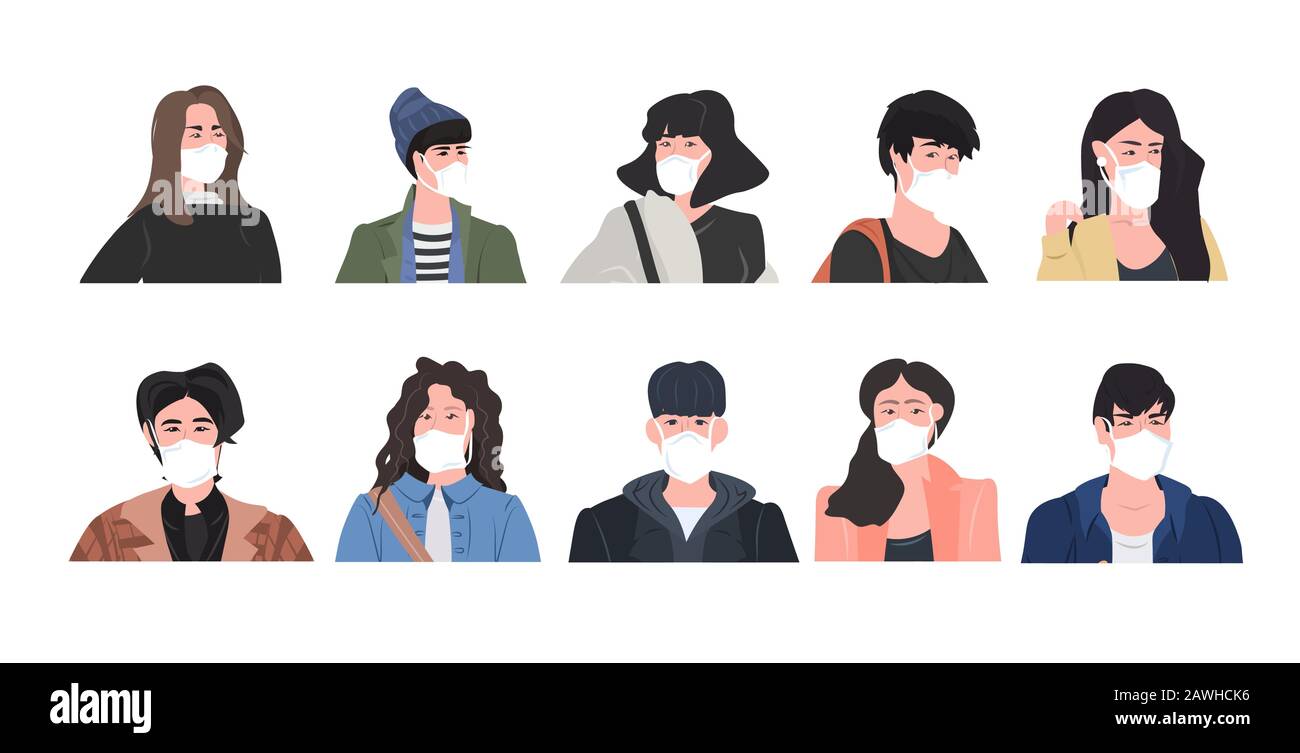 Impostare le persone che indossano la maschera per prevenire epidemia MERS-cov wuhan coronavirus 2019-nCoV pandemia salute medica rischio uomo donne vignette personaggi collezione ritratto orizzontale vettore illustrazione Illustrazione Vettoriale