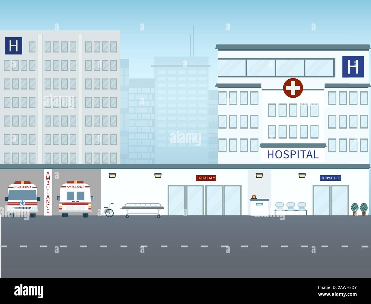 Edificio ospedaliero o esterno con ambulanza in città vettore illustrazione Illustrazione Vettoriale