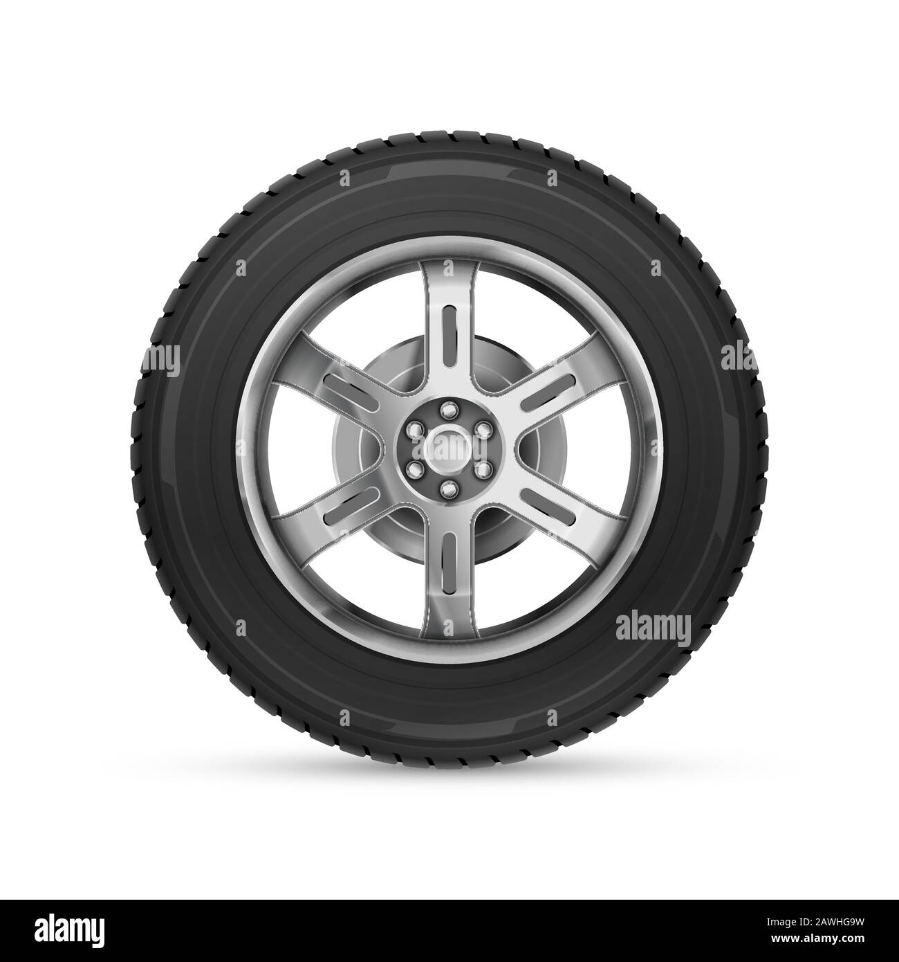 Ruota per auto realistica e dettagliata isolata su bianco Illustrazione Vettoriale