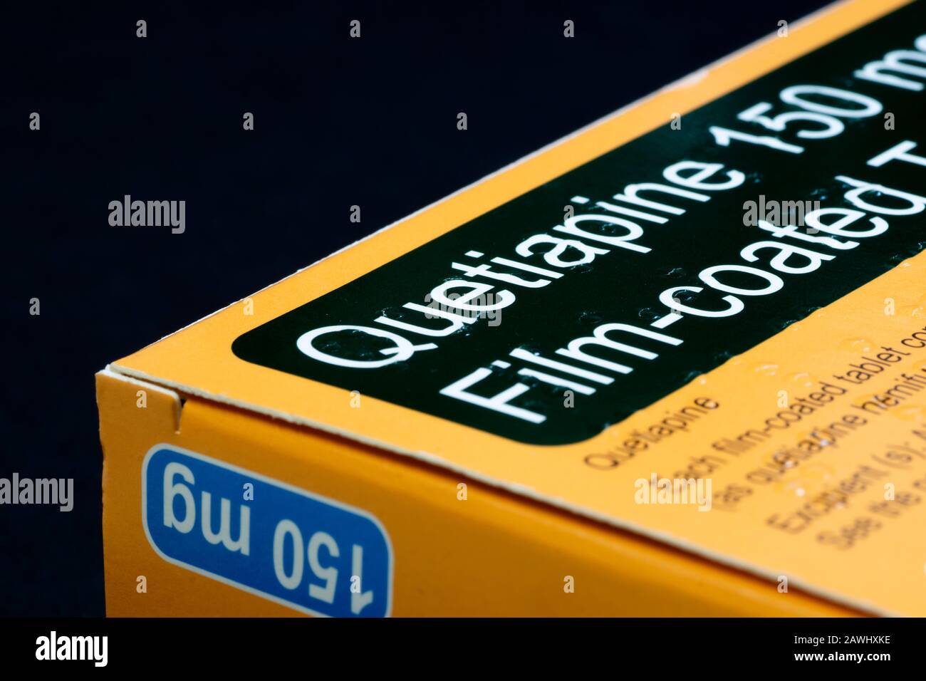 Scatola di Quetiapina compresse, un antipsicotico atipico utilizzato per il trattamento della schizofrenia, disturbo bipolare e disturbo depressivo maggiore Foto Stock