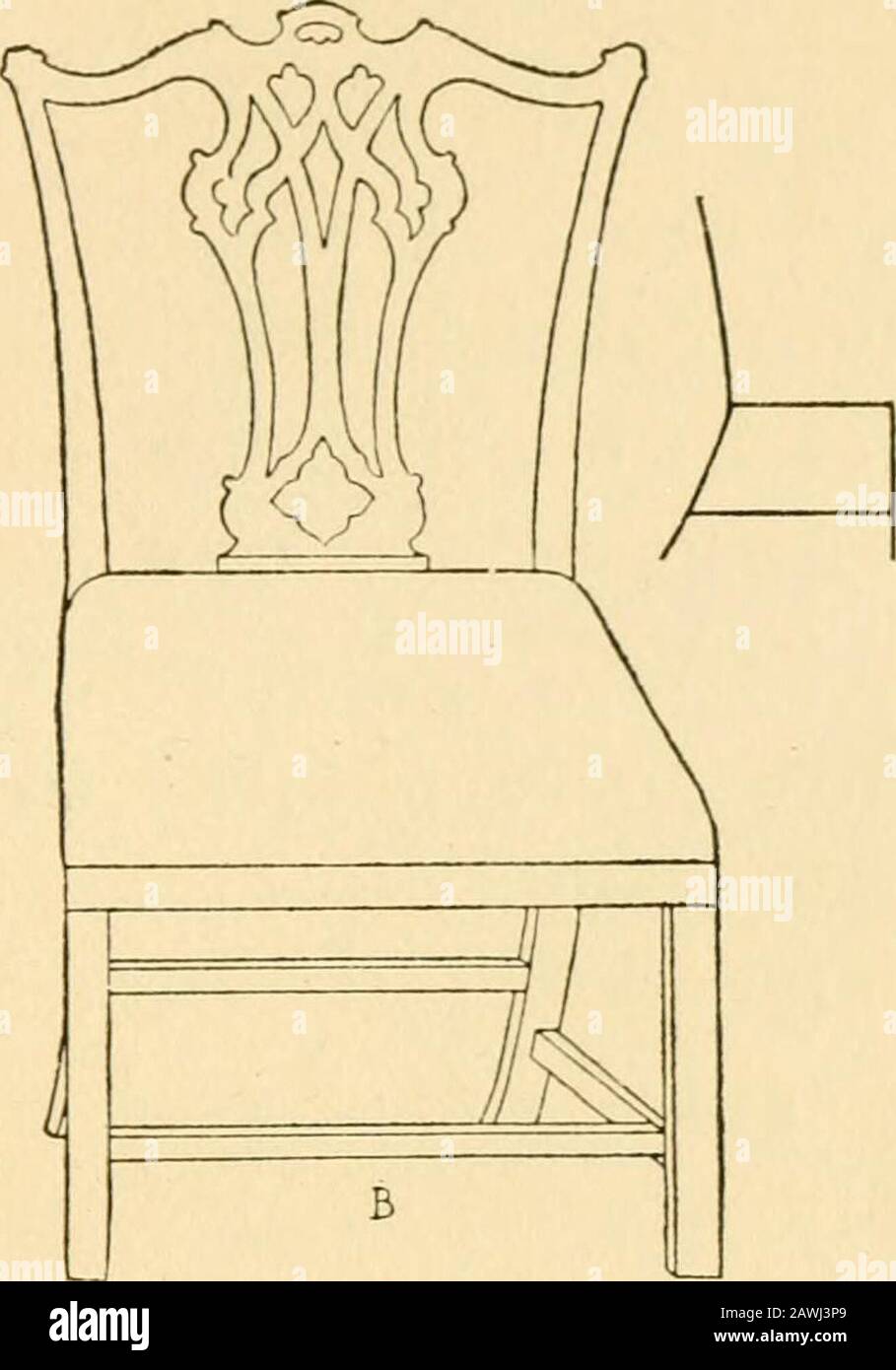 Il libro pratico di mobili d'epoca, trattamento di mobili di epoca inglese, coloniale americano e post-coloniale e principali periodi francesi. Fig. 3. A, Scaletta posteriore con ringhiera superiore Hooped; B, ringhiera superiore Cupida-Bow, motivi gotici in Splat. In Possesso di H. D. Eberlein, Esq. I sedili erano quasi sempre di tipo quadrato con leggera conicità verso la parte posteriore. Occasionalmente la guida del sedile anteriore era leggermente incurvata o a serpentina. La sagomatura era più frequente nelle sedie più tardi di tipo francese. I sedili piatti erano la regola, ma si trovano anche sedili a caduta o a immersione (chiave VI, 6). Entrambi gli alloggiamenti lasciati cadere che potrebbero essere impostati in th Foto Stock