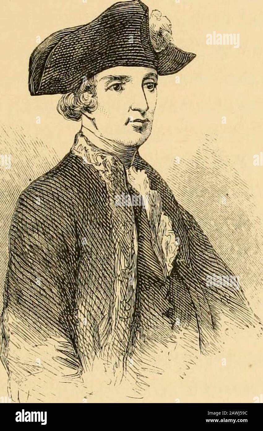 Mount Vernon e le sue associazioni, storico, biografico e pittorico . lis e alarge esercito si arresero alle forze alleate. Ritornò in Francia, fu fatto un maresciallo dal re, ma fu calledto da molte sofferenze durante la Rivoluzione francese. Bonapartegraned lui una pensione e la croce di grande ufficiale del thehgion d'onore, nel 1803. Quattro anni dopo morì a lignaggio di ottantadue. De Chastellux era un uomo molto più giovane di Rochambeau, più pesante di persona, molto vivace, appassionato di società, ed eshib-ha riunito tutte le eleganze di modo della nobiltà francese più vecchia, a quale classe egli belon Foto Stock