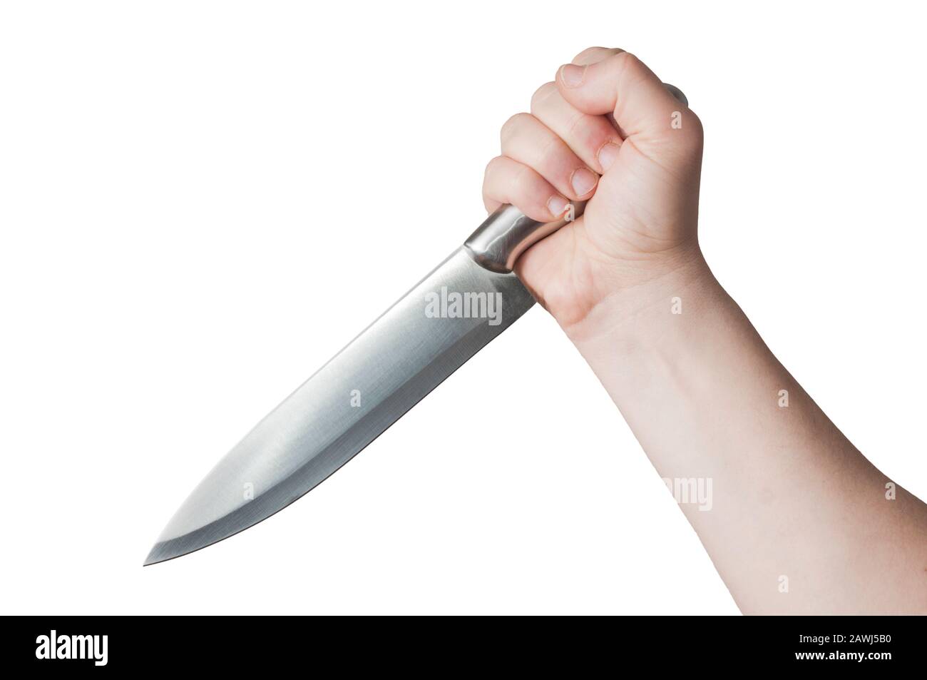 L'uomo tiene un coltello di ferro grande su sfondo bianco Foto Stock