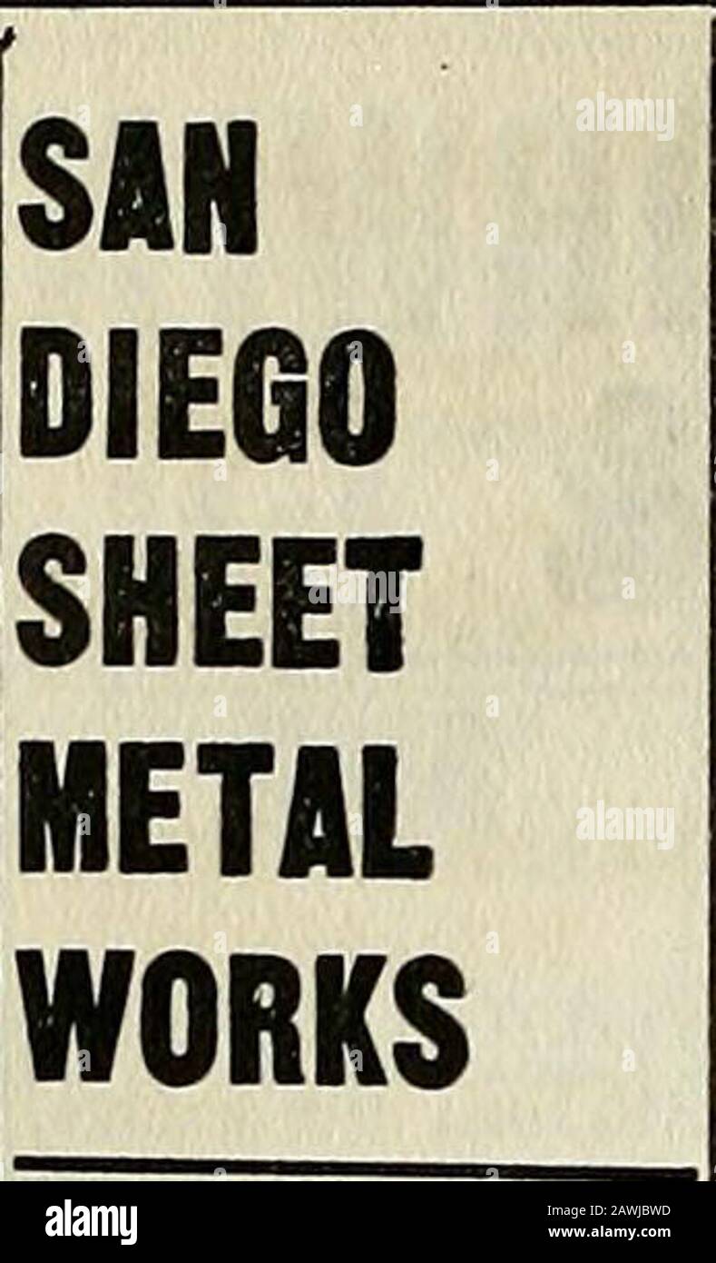 Città E Directory Della Contea Di San Diego - 1906 . FIENO, GRANO, MANGIMI PER TRITATUTTO, MANGIMI PER POLLAME, SEMENTI DI ERBA MEDICA, SACCHETTI DI LANA PER SACCHI DI GRANO, SPAGO PER SACCHI. K s.e.e. Cor.4th Cellulari: Main 440 Home 1440 JAMES A.HARRIS BOOKBINDERBLANKBOOKMANUFAC-TURER 1050 Terzo St. TELEFONO HOME 1609 SAN DIEG^o,CAL. Nason & OESTING General Insurance Agents GranfSer Block, Sotto Merchants National Bank Obbligazioni Di Garanzia SAN DIEGO. CAL. SGOTT-BURNHAM INVESTMENT COMPANY (INCORPORATED)INVESTIMENTI IMMOBILIARI DI ALTA CLASSE. 1330 E St., First Nat. Banca Bldg.. Storm KINGFURNACES e tutti i kindof Tin, Copperand Sheet ironwork 638 Fourfh St.San Diego, Cai. Tal Foto Stock