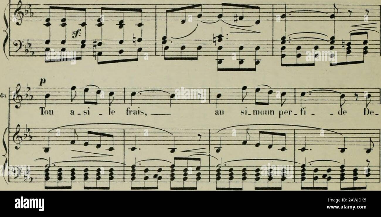 La statua; opéra en trois actes de JBarbier & MCarrèPartition chant et piano trancrite par Georges Bizet . f S ? jn rr^ t 7... N. -i^ ^if==S^ i&gt; gu A,o HI5H. (V.D-r.) 30 M:i -7: i&gt; - w -I.- JK m   K ^  . N l 0 i;^• ^^ -ju.re, UNA tonnellata froide Iri&gt; . la! Mon canir est pa . ivil!. MrijjTjj )(&gt;oo rit. I^ ^ un tonipo. M È ^ V.i. É .mou -   ro cremisi; miitfo. ICI- . nse. Fi il». El scniblahlf» à un tempo. H 1- i n° &lt;l ^ * • • ^ i J^ i^ Plus vile. P^ loi, fon.tai.tie Imi   pi . d., Foto Stock