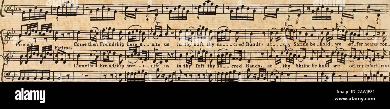 Le canzoni nell'opera comica del Captive come eseguite al Teatro reale nel mercato di Hay e Drury Lane . ^ l^ere u.- nite noi nelle Tue Morbide Bande di crid sa, at ...thy Shrme be . hold . we OT.fer hearts con iiiiiJli?nijifij^pitr-^t^^ Cdomethen Freindship here. U. nit^ us im thy* foft thy Sa . bande di crid., A   .Thy Shrine sia tola di. Fer ht!Arts con Venire poi Freindship 1; ? .   joiiTd pure - . Come mani. Cuori con-fina pure. Come mani pure^T;. MM Foto Stock