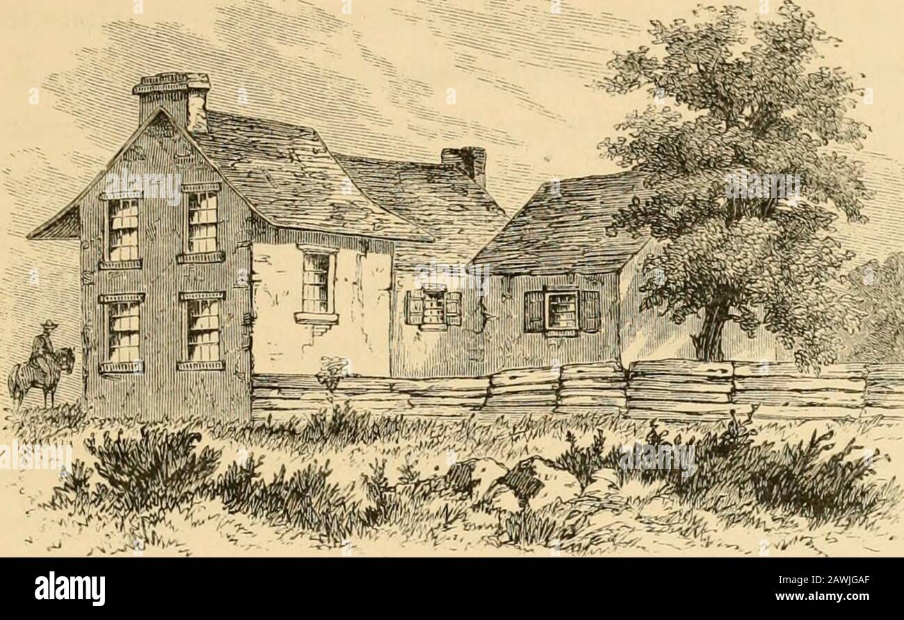 Monte Vernon e le sue associazioni, storico, biografico e pittorico. Thither, è stato organizzato nella primavera del 1754. Colonnello Joshua Fry è stato nominato suo comandante, e MajorWashington suo luogotenente. Per un po 'di tempo Mount Vernon è apparso come un recruitingstation. A lungo tutti i preparativi sono stati completati, e sul 2d di aprile, Maggiore Wasliington, con il corpo avanzato, marciato da Alessandria verso l'Ohio. Dopo un viaggio faticoso di diciotto giorni, sul Blue Ridge, si reachedthe foce di Wills Creek (ora Cumberland), dove Wash-ington, per la prima volta, occupava una casa per le sue hea Foto Stock