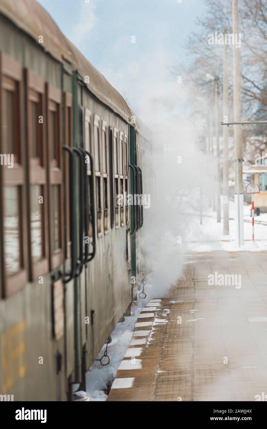 Velingrad, BULGARIA - 8 FEBBRAIO 2020: Treno a scartamento ridotto BDZ alla stazione ferroviaria di Velingrad, Bulgaria. Settemvri - Bansko - Dobrinishte Foto Stock