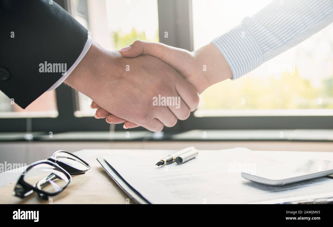 Le persone in viaggio d'affari scuotono le mani, finendo la riunione. Imprenditori di successo handshaking dopo buon affare. Foto Stock