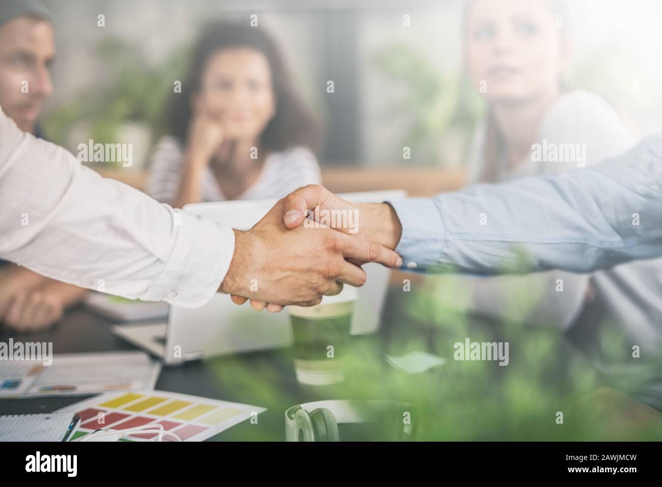 Le persone in viaggio d'affari scuotono le mani, finendo la riunione. Imprenditori di successo handshaking dopo buon affare. Foto Stock