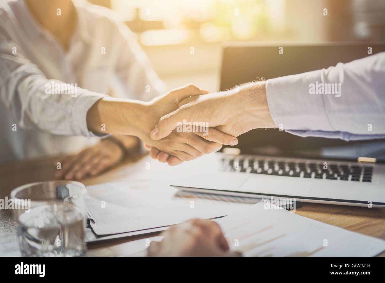 Le persone in viaggio d'affari scuotono le mani, finendo la riunione. Imprenditori di successo handshaking dopo buon affare. Foto Stock