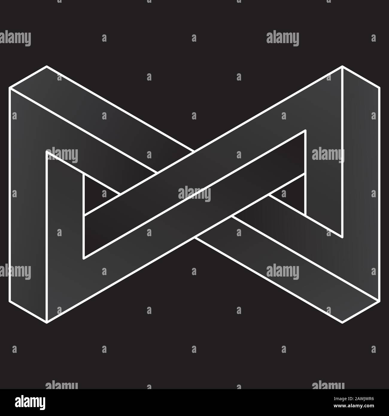 Icona infinito triangolare impossibile. Forma di illusione ottica vettoriale bianca su sfondo nero. Illustrazione Vettoriale
