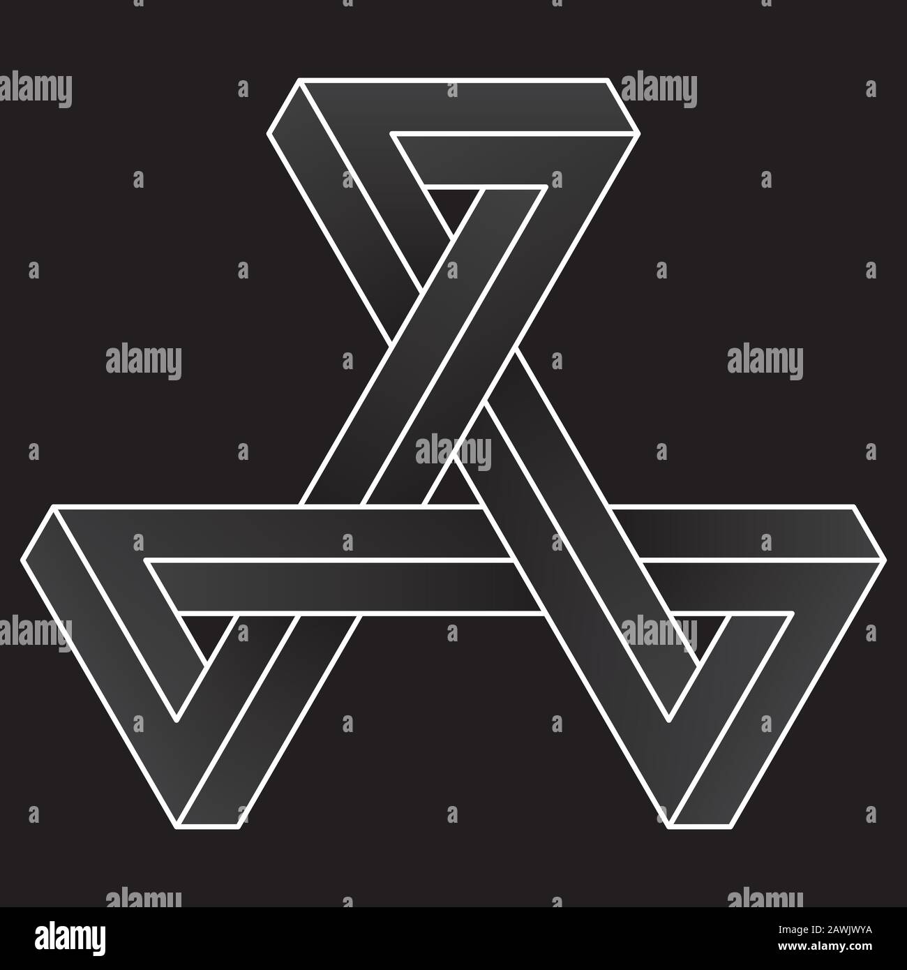Icona triangolare impossibile. Forma di illusione ottica vettoriale bianca su sfondo nero. Illustrazione Vettoriale
