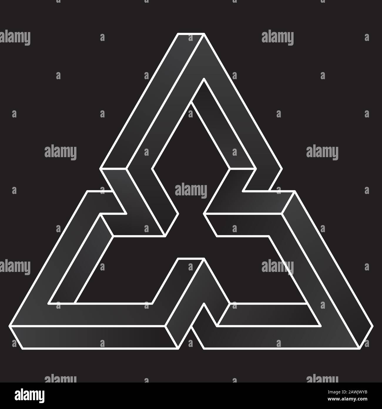 Icona triangolare impossibile. Forma di illusione ottica vettoriale bianca su sfondo nero. Illustrazione Vettoriale
