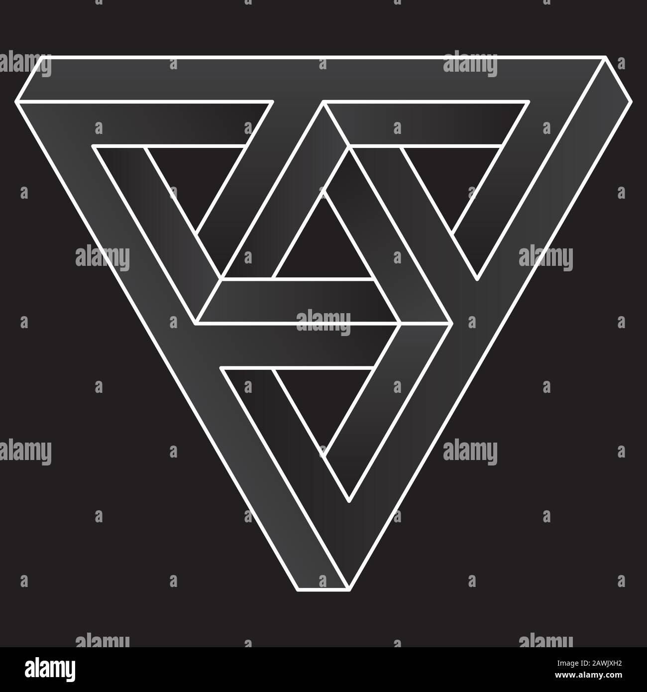 Icona triangolare impossibile. Forma di illusione ottica vettoriale bianca su sfondo nero. Illustrazione Vettoriale