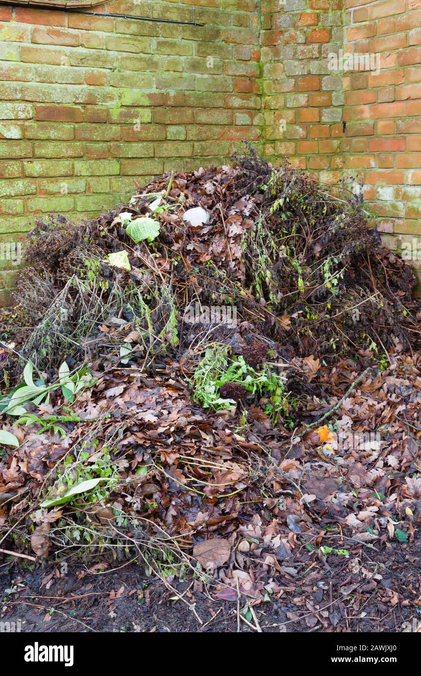 Compostaggio, compost heap in un giardino, Regno Unito Foto Stock