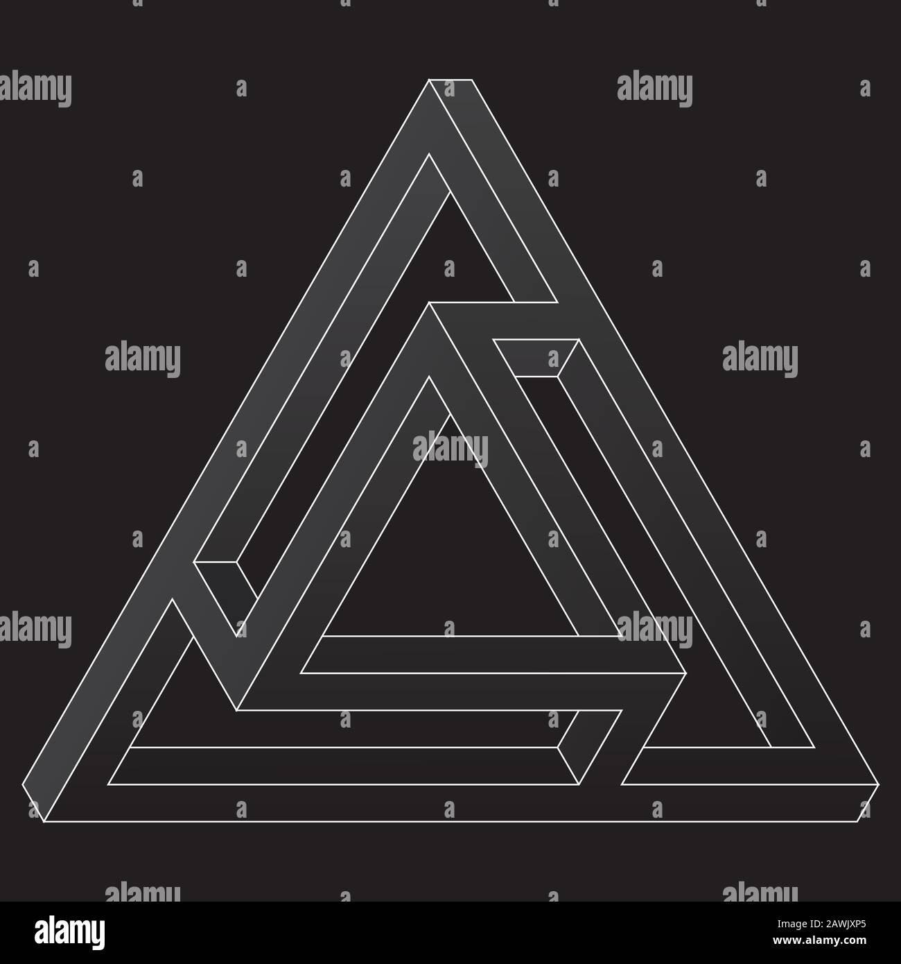 Icona triangolare impossibile. Forma di illusione ottica vettoriale bianca su sfondo nero. Illustrazione Vettoriale