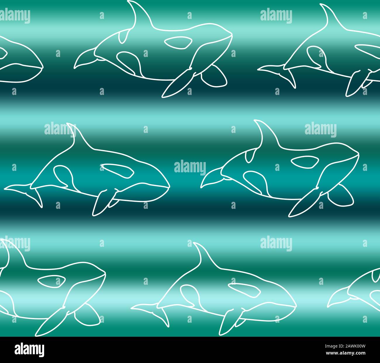 Vettore senza cuciture modello di bianco killer whale nuoto su gradiente sfondo marino. Motivo linea Art Orca Illustrazione Vettoriale