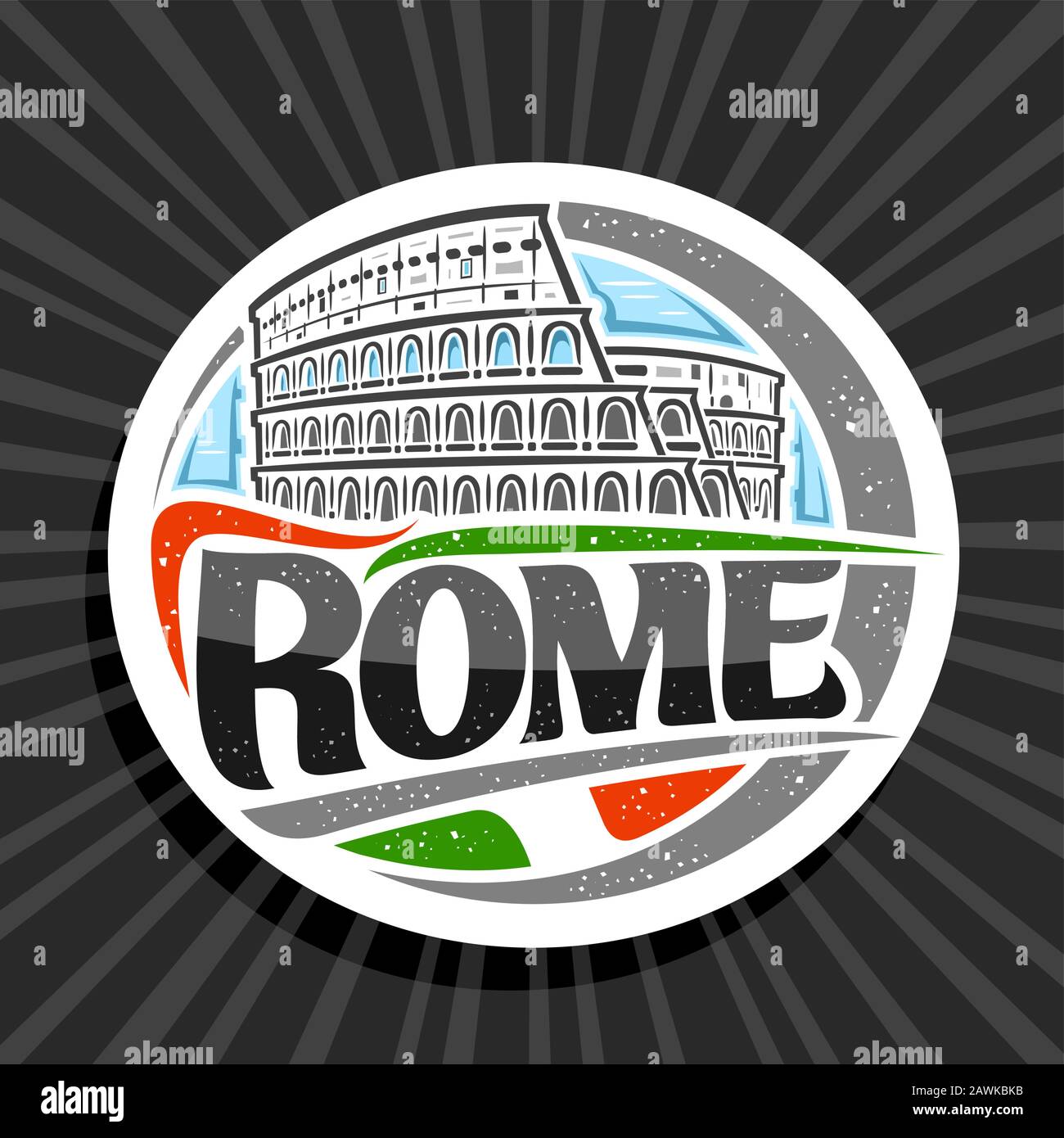 Logo Vector per Roma, etichetta rotonda decorativa bianca con illustrazione del vecchio colosseo di roma sullo sfondo del cielo del giorno, magnete per frigorifero turistico con spazzola Illustrazione Vettoriale