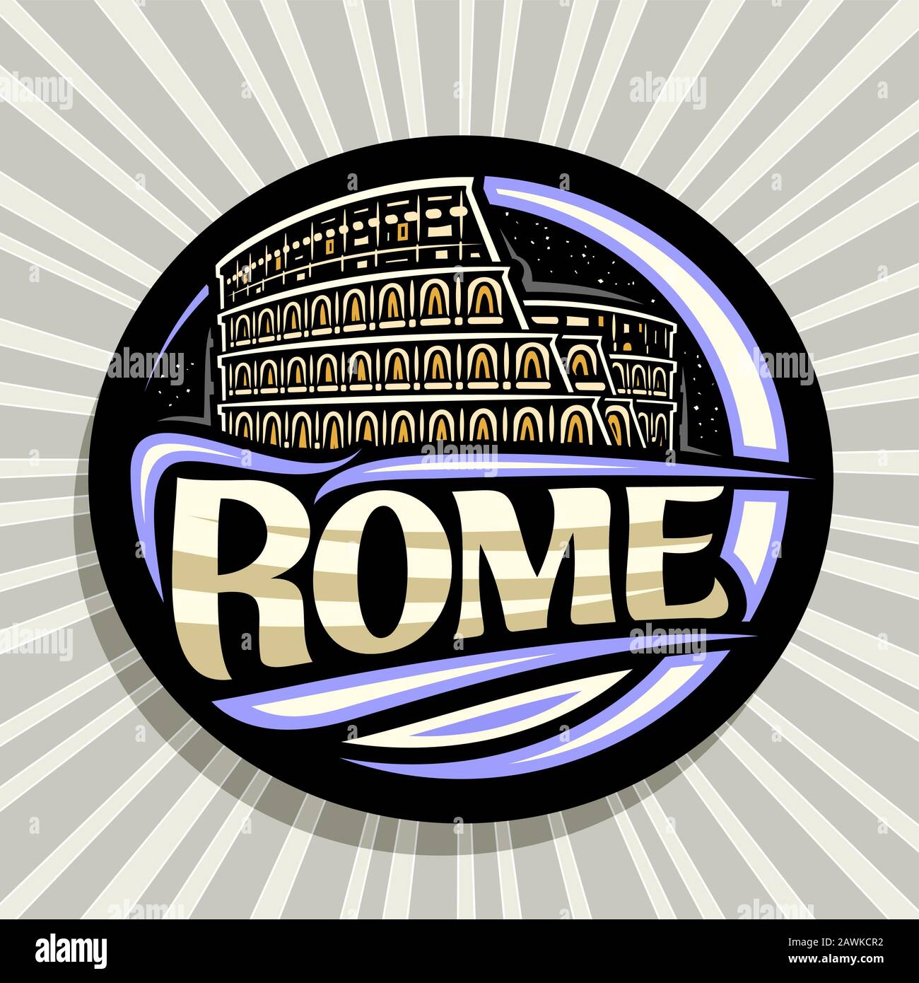 Logo Vector per Roma, etichetta rotonda decorativa scura con illustrazione del vecchio colosseo illuminato a roma su sfondo cielo stellato al crepuscolo, touris design Illustrazione Vettoriale