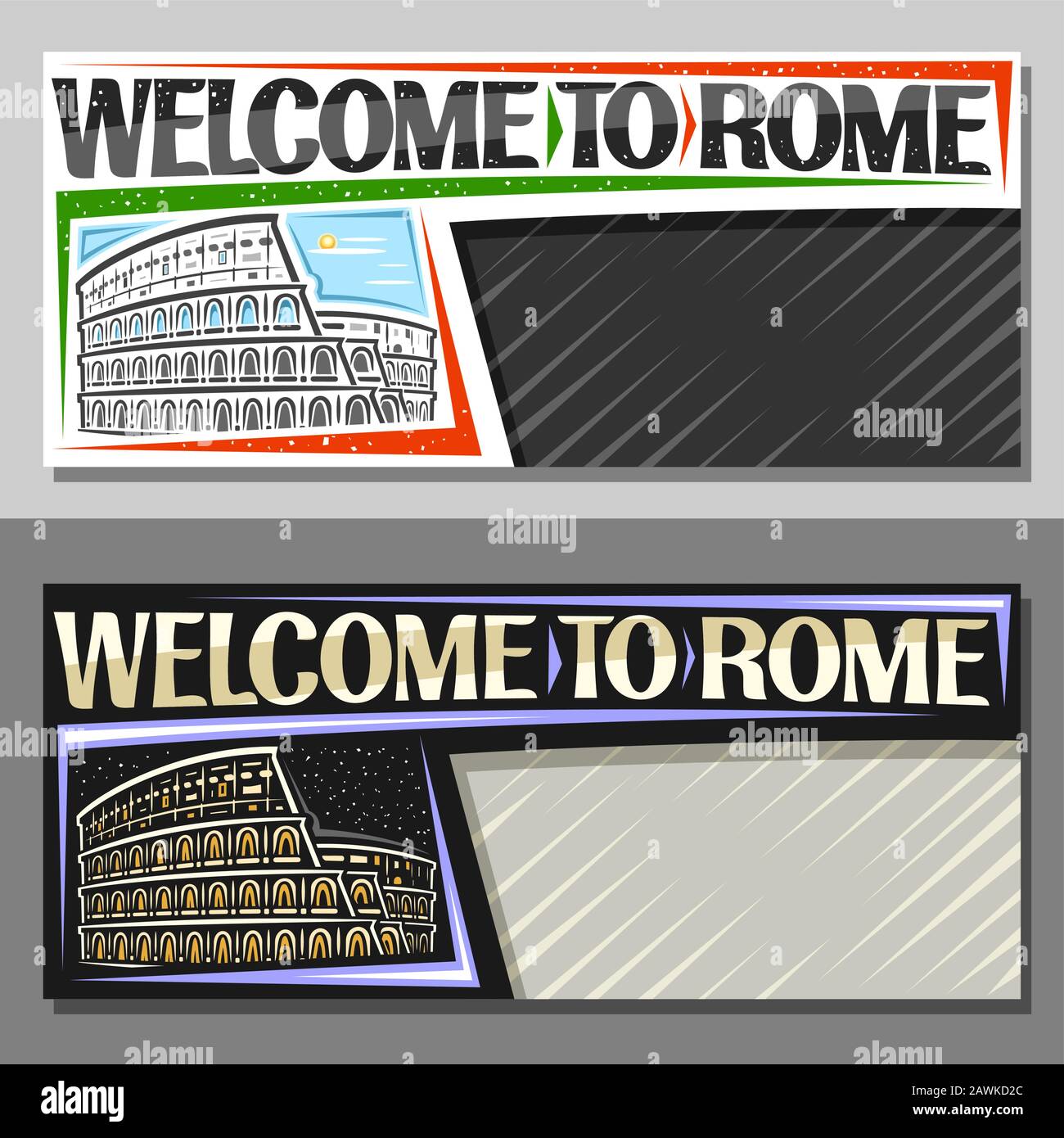 Layout vettoriali per Roma con spazio copia, voucher decorativo con illustrazione di bianco e nero e illuminato roma colosseo su sfondo cielo, tou Illustrazione Vettoriale