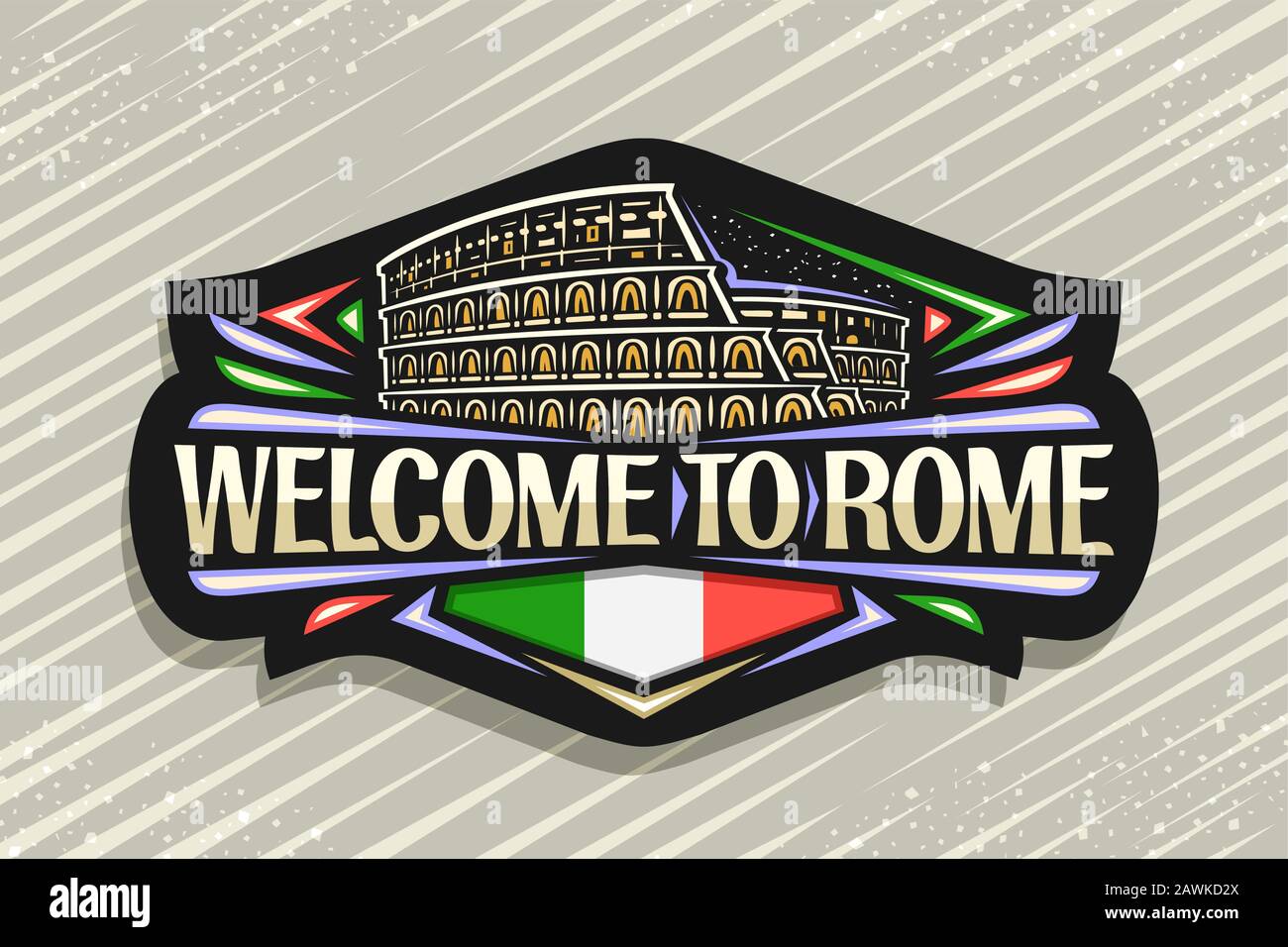 Logo Vector per Roma, cartello decorativo nero con illustrazione del colosseo illuminato vecchio di roma, magnete per frigorifero d'arte turistica con lettere a spazzola per Illustrazione Vettoriale