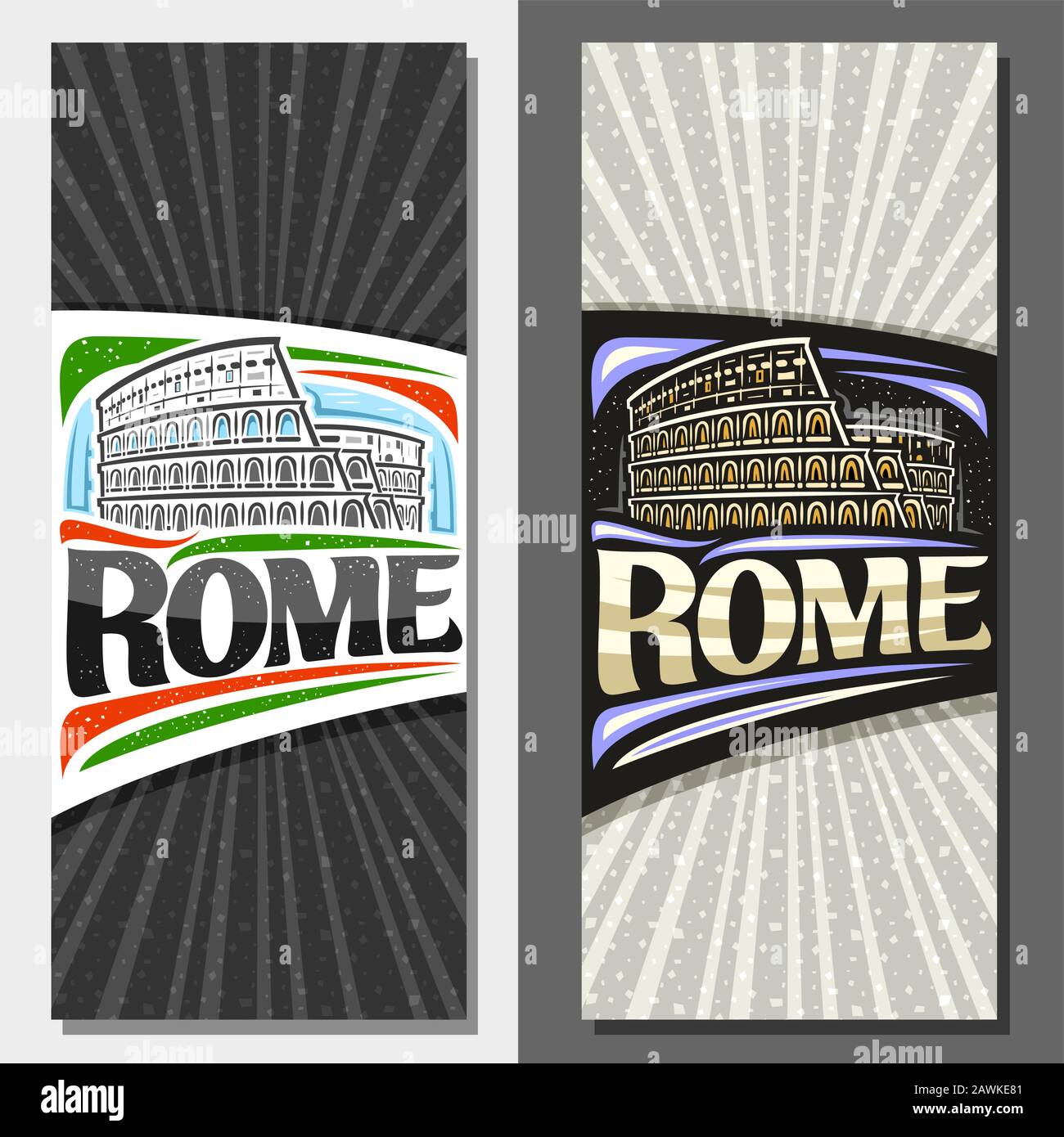 Layout vettoriali per Roma con spazio copie, opuscoli decorativi con illustrazione di bianco e nero e illuminato vecchio colosseo roma su sfondo cielo Illustrazione Vettoriale