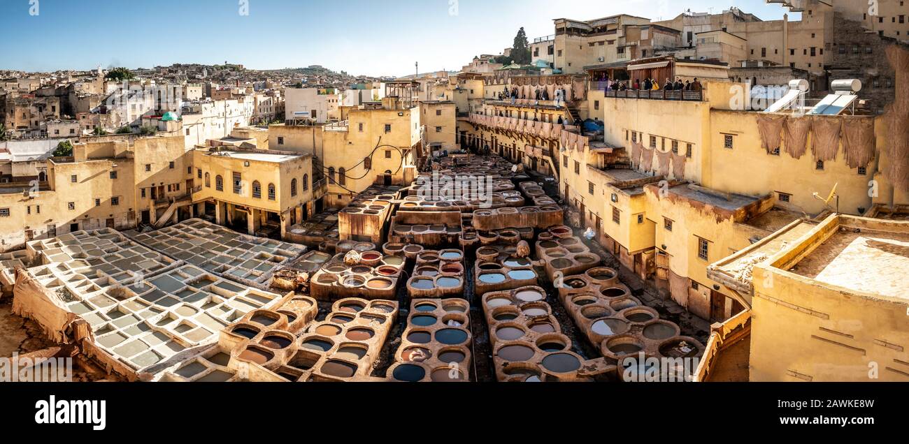 Conceria di cuoio FES, Marocco Foto Stock