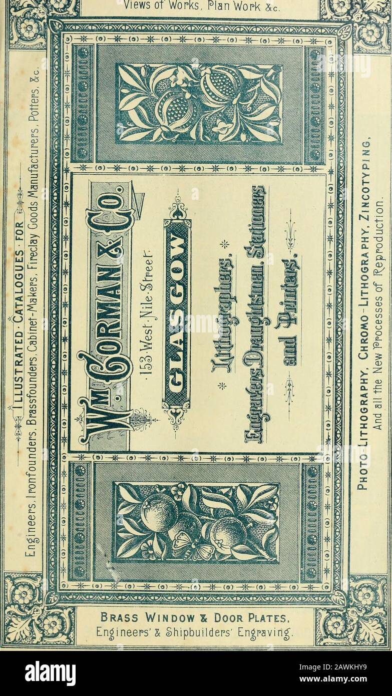 L'Annuario postale di Glasgow . enti per Architetti, banchieri, Solicitors, IferJI^forms, Produttori, Warehousemen, Dyers, Calenderers e spedizionieri. Stampa: Cataloghi, Testimonials, listini prezzi, programmi, specifiche, TelegrafCodes, Poster, carte Christnms private e Commercio Generale lavorare in Oro, Argento e tutti I Colori, con Steam Power. Stampa rilievo: Nota Pa^ier, carte di corrispondenza, E Buste stampate^rilievo in Colori, Cameo, Plain, E Illuminato in oro, ecc. Stationery: Comprendente carte di legge, carte di imballaggio, Blottina Pai&gt;ers, carte Con Bordi Smussati, Visita Foto Stock