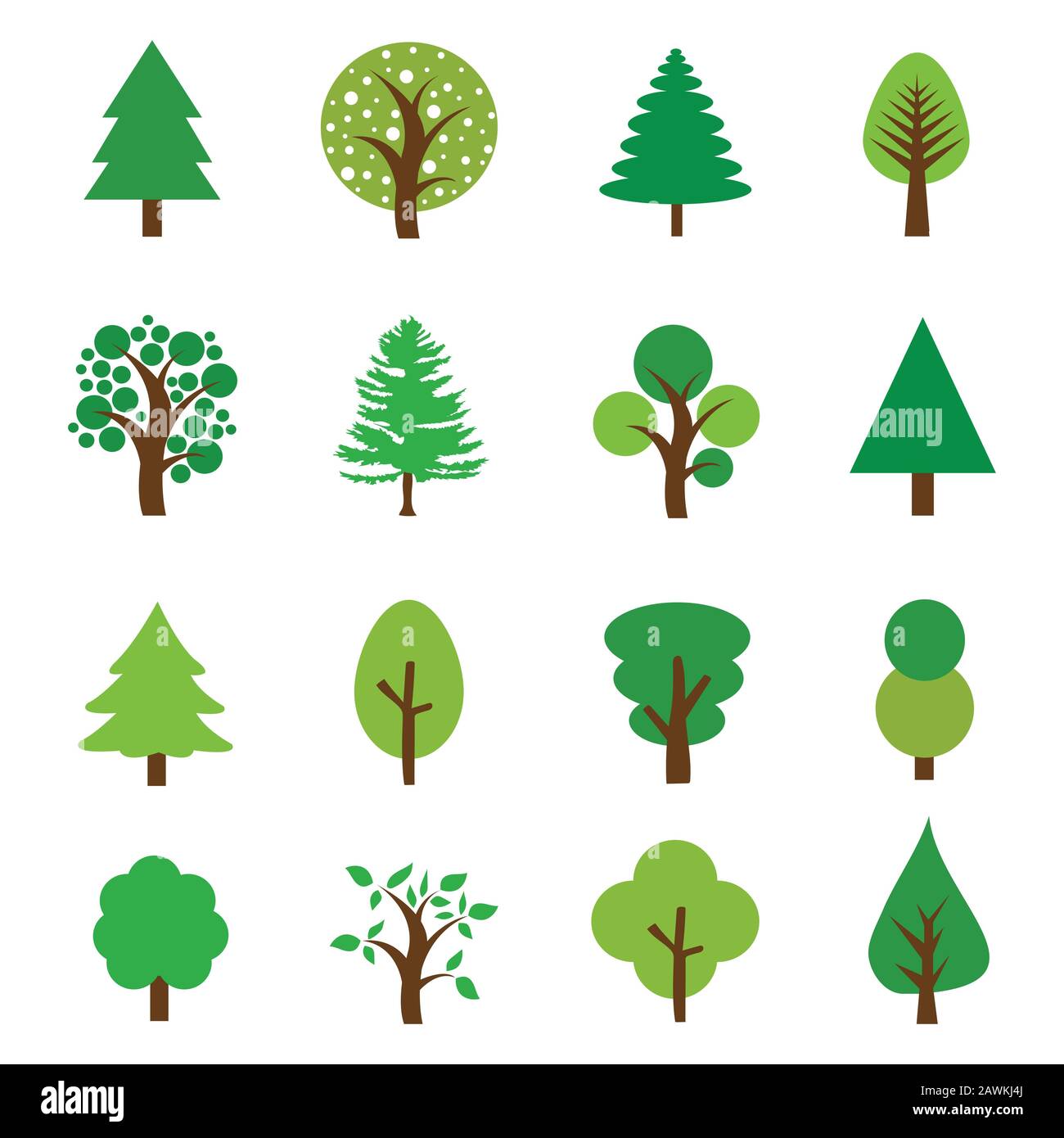 Gruppo di icone piatte albero alberi verdi icone Imposta vettore immagine Illustrazione Vettoriale