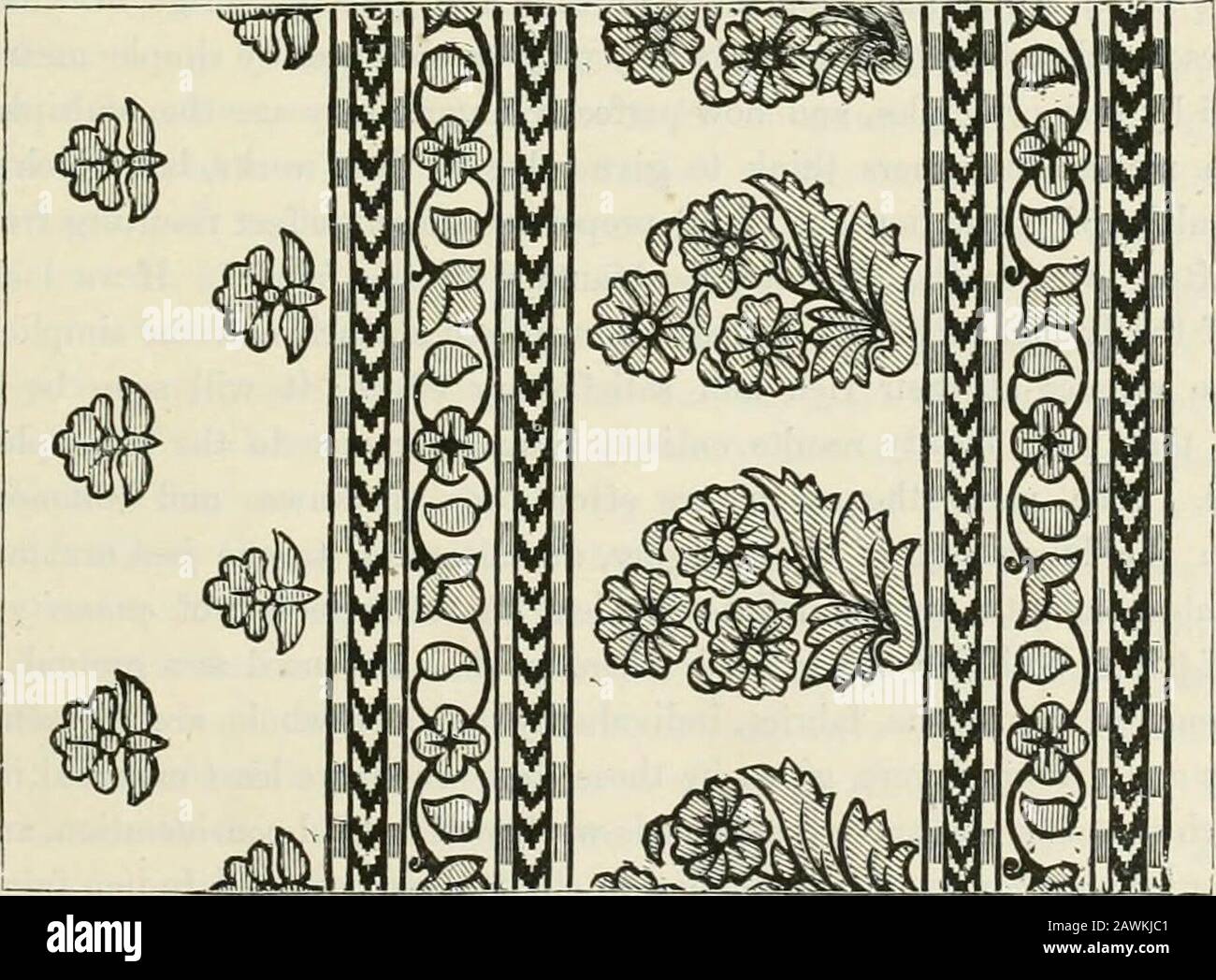 Principi del design decorativo . Fig. 1)5.. Fig. 96. comunità. Parlando- di questi tessuti indiani, ^Ir. Redgrave dice, nel suo rapporto onDesign preparato per i Commissari dell'International Exhiljition del 1851 :- Questi sono quasi interamente progettati sui principi qui supposti essere giusti quei 116 PItlNCIPLES DI DISEGNO. l'ornamento è sempre piatto, e senza ombra; i fiori naturali non sono mai useditativcly o perspeetively, ma sono convocati da beiny disi)laycd fiat andaccordino ad una disposizione simmetrica; e tutti gli altri oggetti, anche gli animali e gli uccelli, quando usati come ornamento, ar Foto Stock