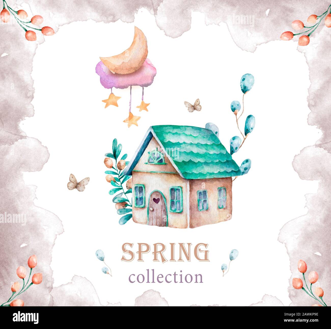 Illustrazione disegnata a mano con la graziosa casa pastello con fiori. La casa dei cartoni animati è isolata su uno sfondo bianco. Casa di legno, set di molle Foto Stock