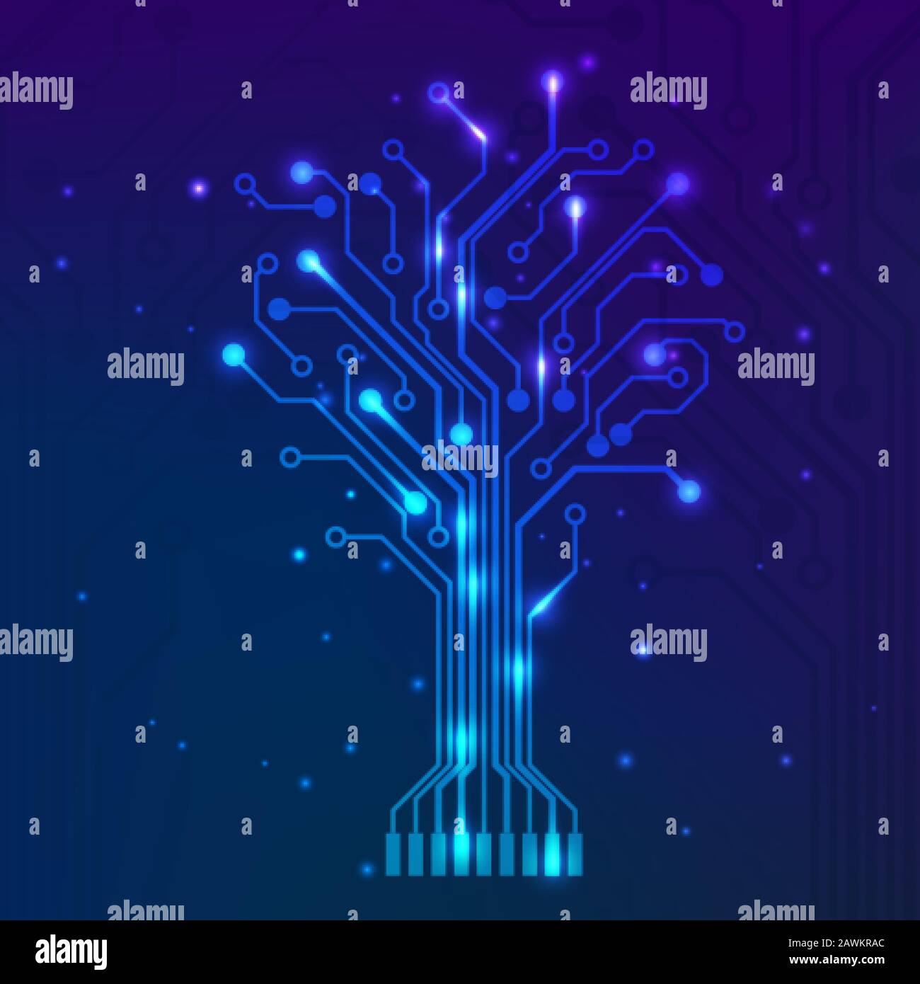 Circuito ad albero su sfondo blu. Concetto di scienza e tecnologia. Sistema di schede madri per computer. Vettore Illustrazione Vettoriale