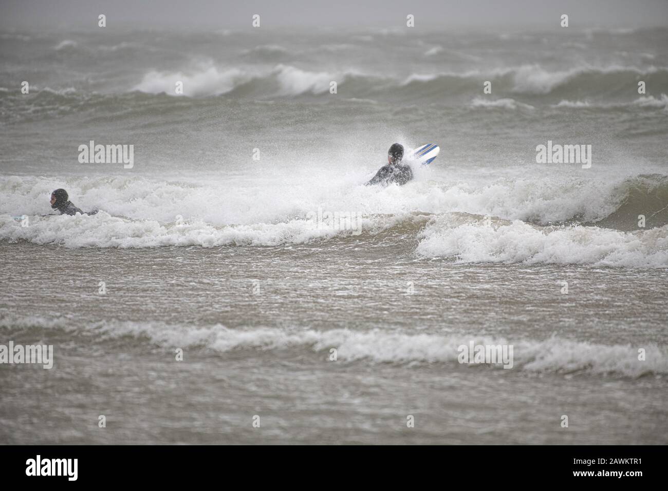 Storm Ciara colpisce il Regno Unito, ma non è tutto male per alcuni, come i surfisti hanno colpito Weymouth Beach Dorset UK 09/02-2020 Foto Stock