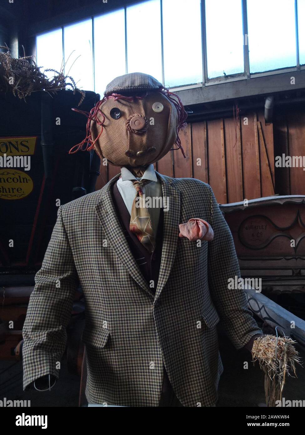 Un falco di campagna gent in giacca tweed imbottita di paglia in esposizione al Museum of Lincolnshire Life, Lincoln, Regno Unito Foto Stock