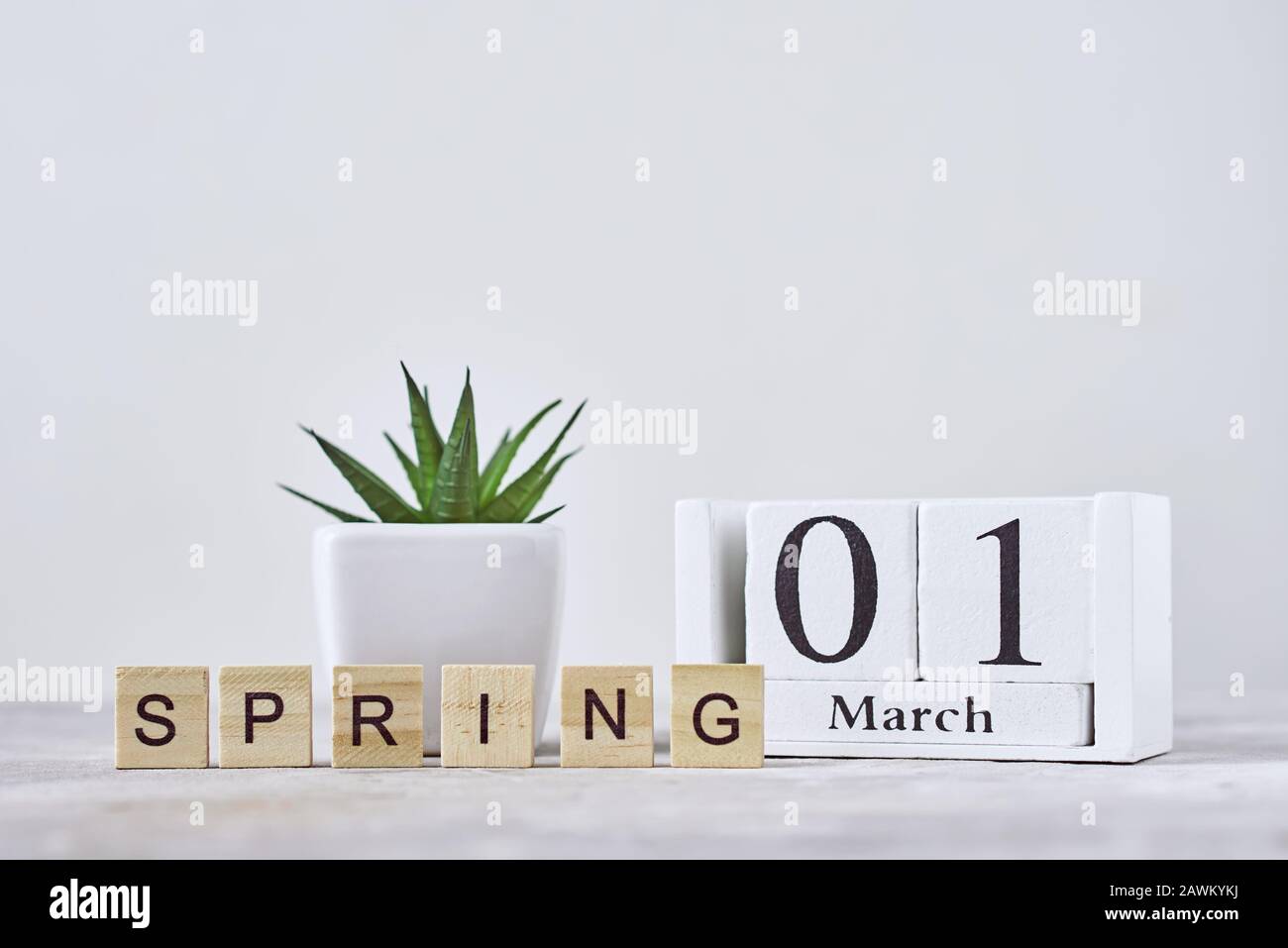 Calendario dei blocchi di legno con data 1 marzo e pianta a tavola. Concetto di molla Foto Stock