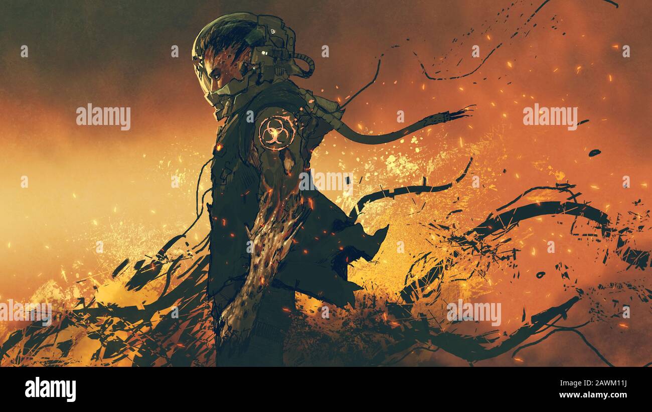 personaggio fantascientifico di un astronauta infetto in piedi sul fuoco, stile d'arte digitale, pittura illustrativa Foto Stock