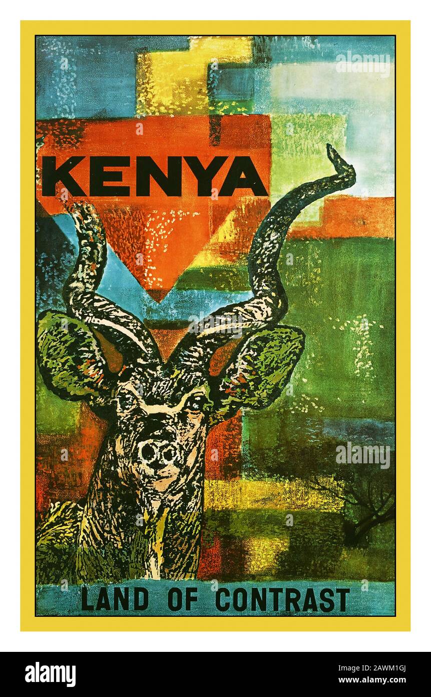 Vintage 1950'S 1960'S Travel Poster 'Kenya-Land Of Contrast' Greater Kudu Horns Kenya Poster - Africa Travel Art - African Poster - Kenya Africa Art - Africa Poster - Kenya Art - Foto Stock