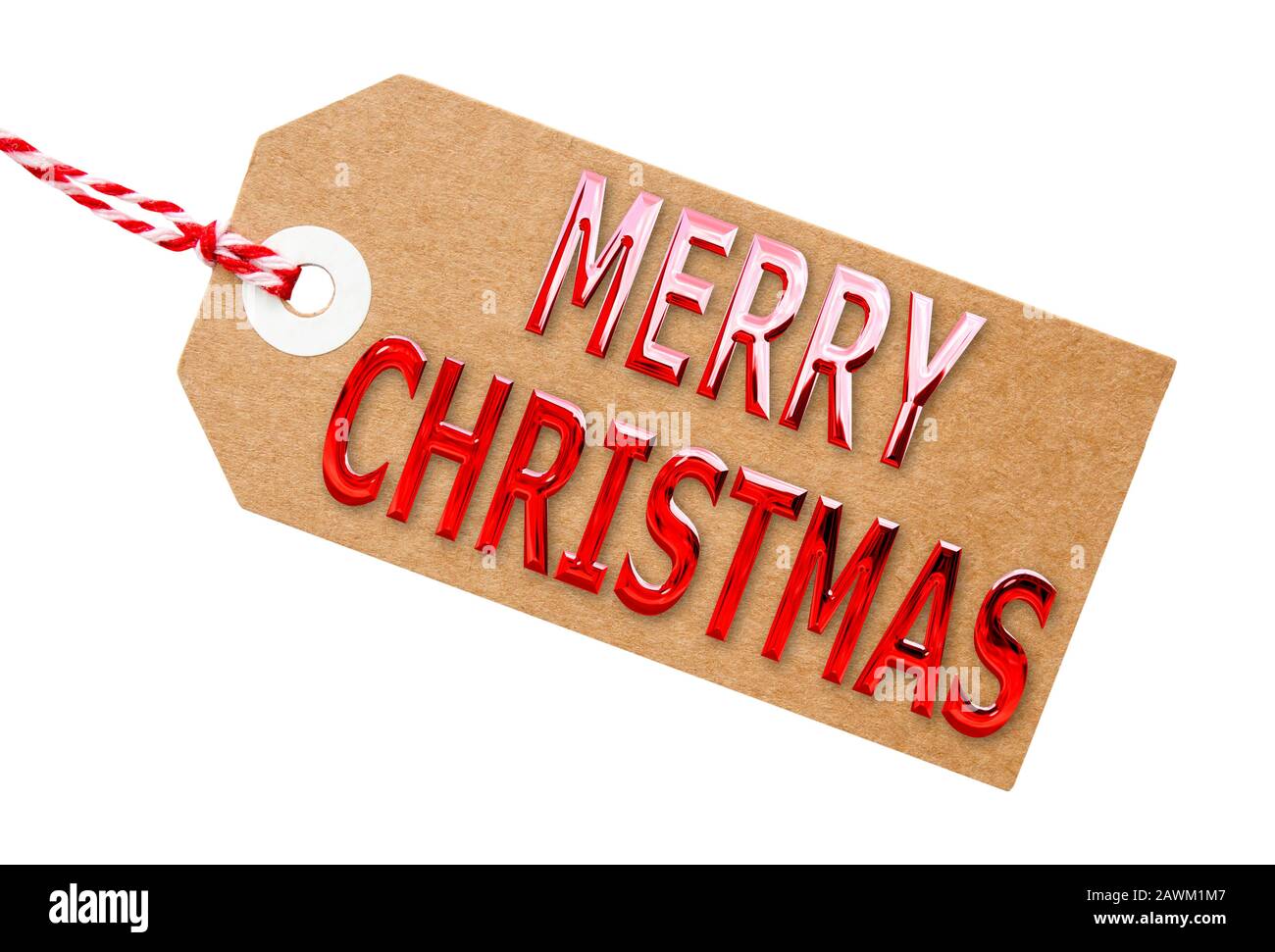 Buon messaggio di Natale con le parole rosse su un tag di regalo di cartone riciclato Foto Stock