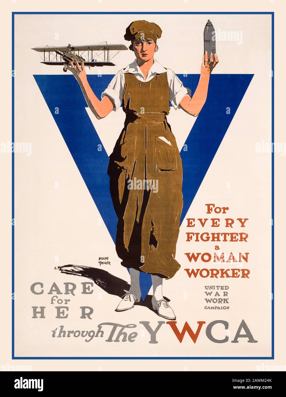 WW1 1900's Propaganda Recruitment Poster YWCA - Per Ogni combattente un lavoratore donna. Cura per lei attraverso la YWCA United War Work Campaign di Adolph Treidler ca. 1918. American Litographic Co., New York. STATI UNITI Foto Stock