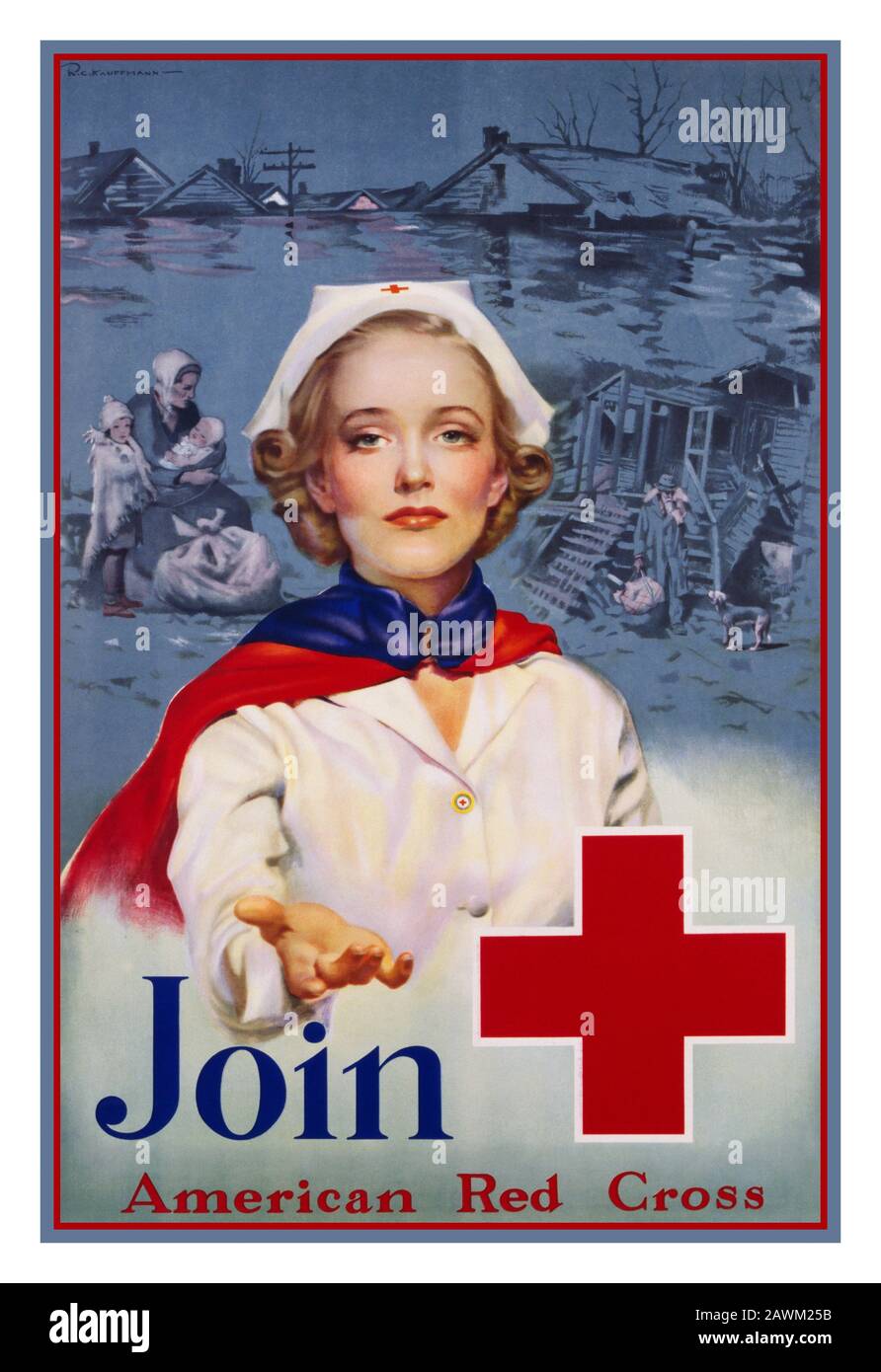 Red Cross Vintage 1940's Recruitment poster appello per 'UNIRSI ALLA CROCE ROSSA' 1941 seconda guerra mondiale USA AMERICA DONNE ESERCITO AMERICANO CORPO INFERMIERA GUERRA ROSSO CROCE PROPAGANDA APPELLO POSTER Foto Stock