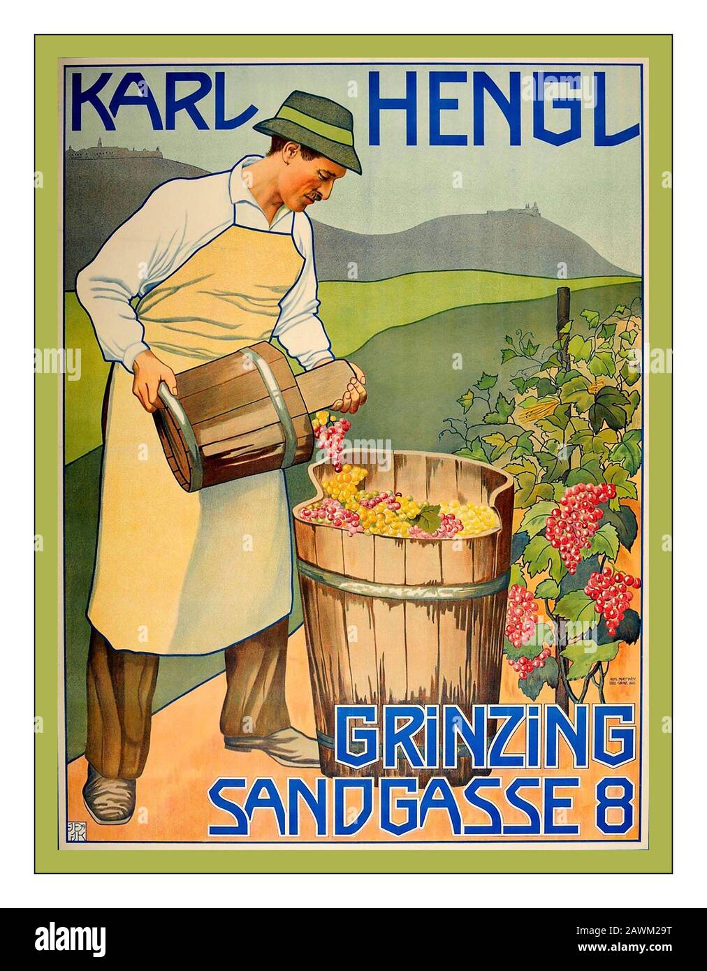 Austria HENGL VENDEMMIA '900 vendemmia anticipata vendemmia Poster pubblicitario d'epoca per l'enologia austriaca Karl Hengl versare uve rosse e bianche in un grande barile di legno in un vigneto Grinzing Sandgasse 8 nr Vienna Austria Foto Stock