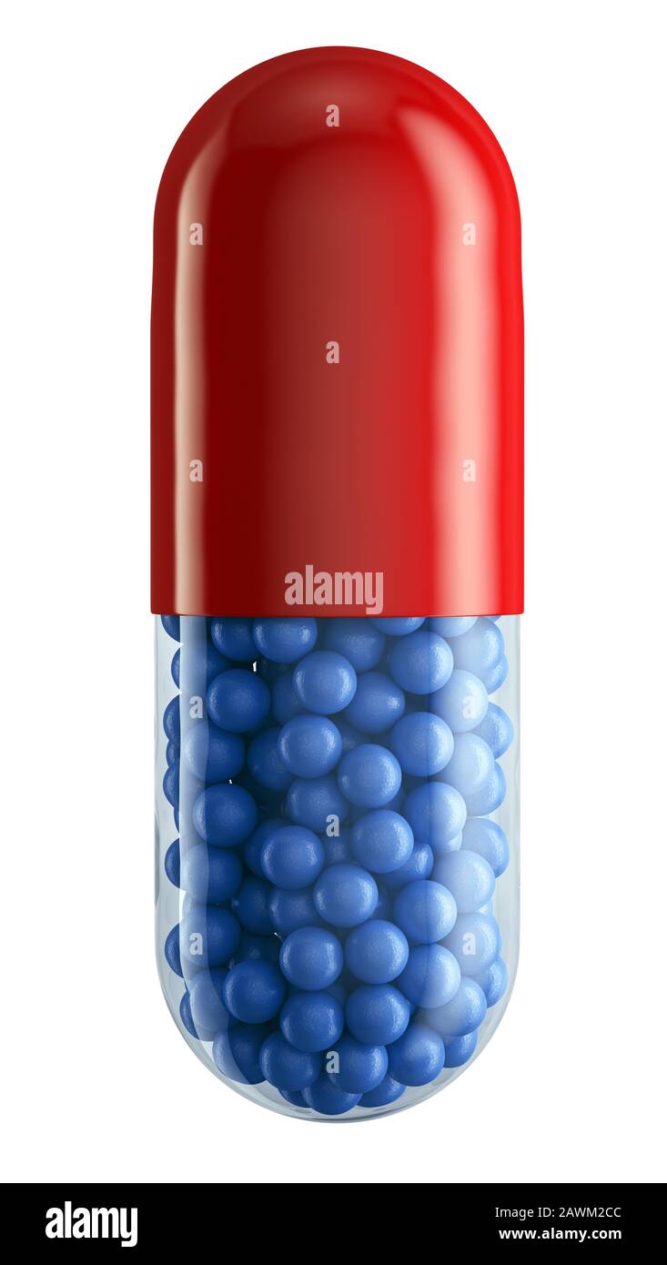 Singola capsula di pillola colorata e compressa da vicino isolato su bianco. Assistenza sanitaria e concetto medico. Foto Stock