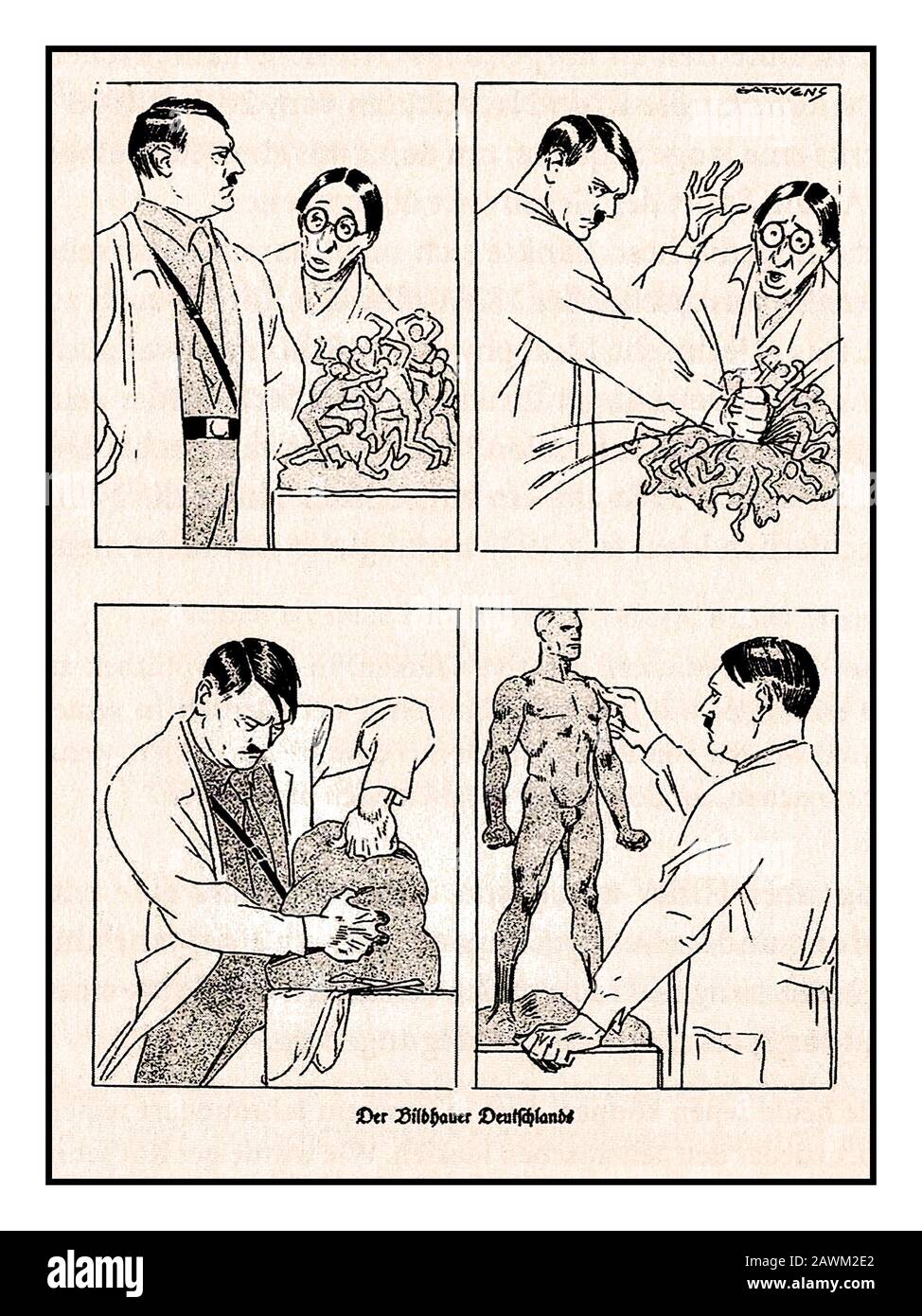 Un fumetto tedesco nazista del 1933. Adolf Hitler è intitolato come 'Sculptor for Germany' creare il maschio perfetto Aryan UNO stereotipo barbectacled artista ebreo è scioccato dalla sua scultura che è violentemente trasformata da un gruppo di persone in conflitto, ad una trasformazione scultura prodotta da Adolf Hitler di una razza principale Aryan maschio Foto Stock