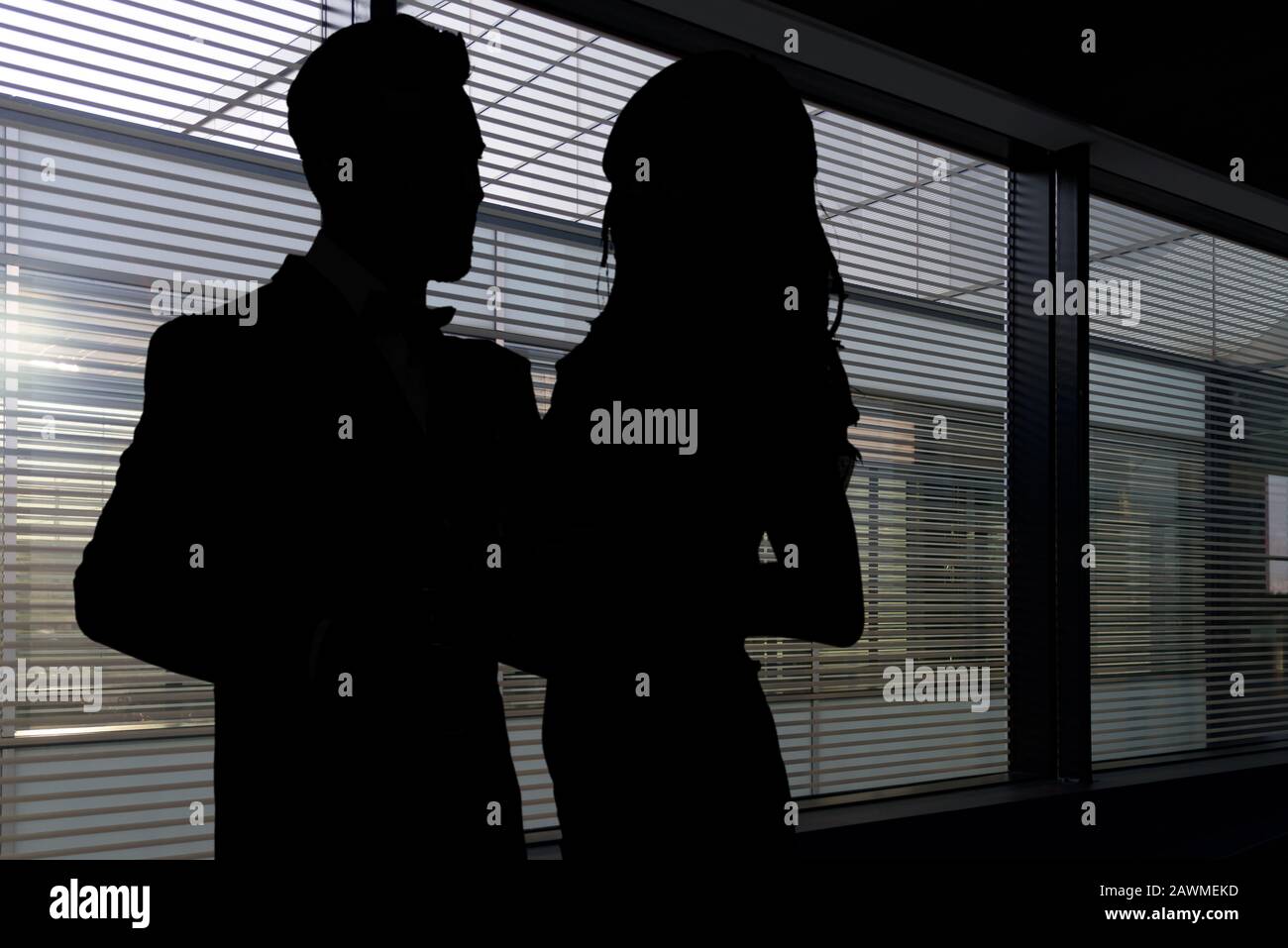 Immagine concettuale del romanticismo sul lavoro - silhouette di una donna e di un uomo abbracciarsi in un ufficio aziendale buio Foto Stock